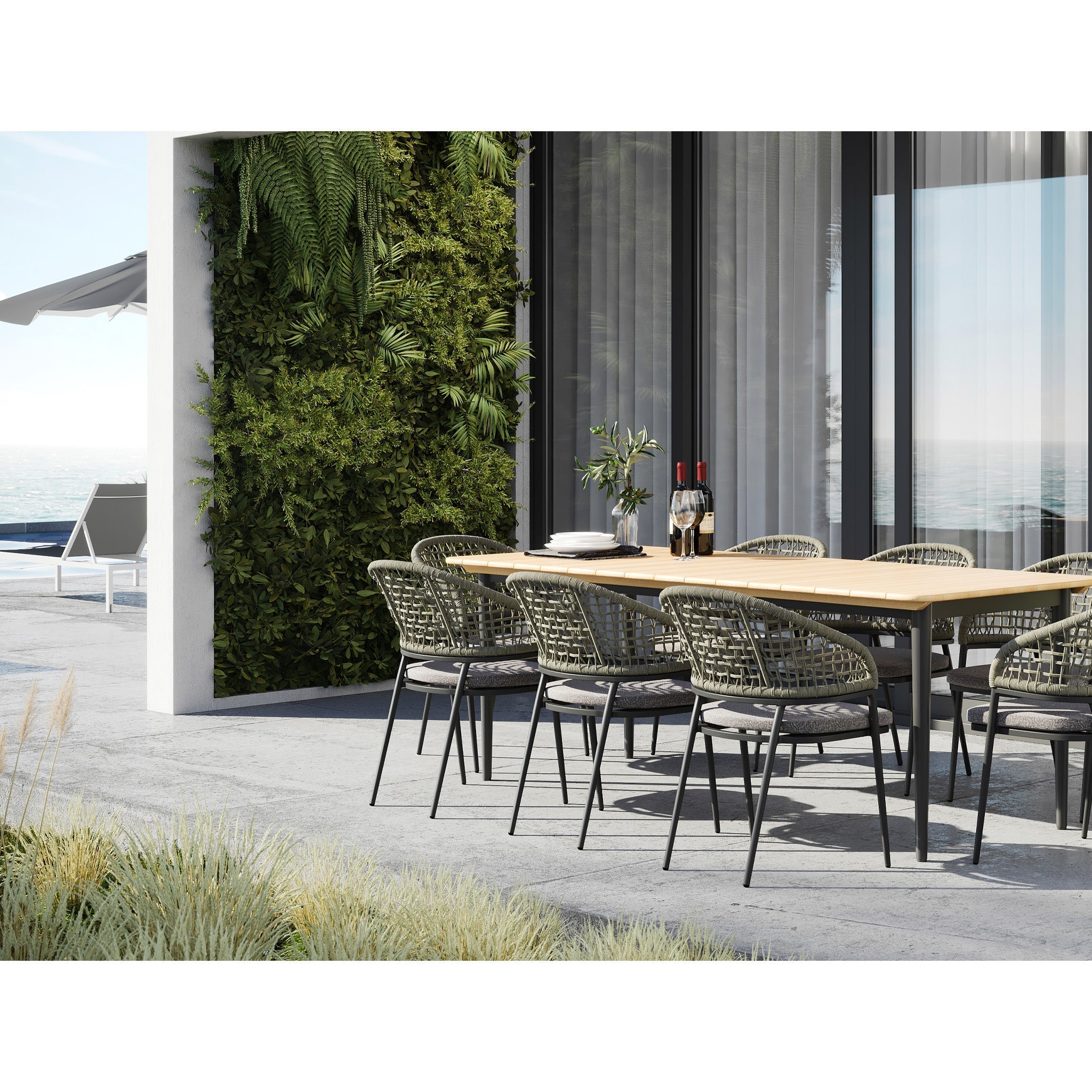Kalama 8 Seat Rectangular Dining Set with Teak Table in Olive Green