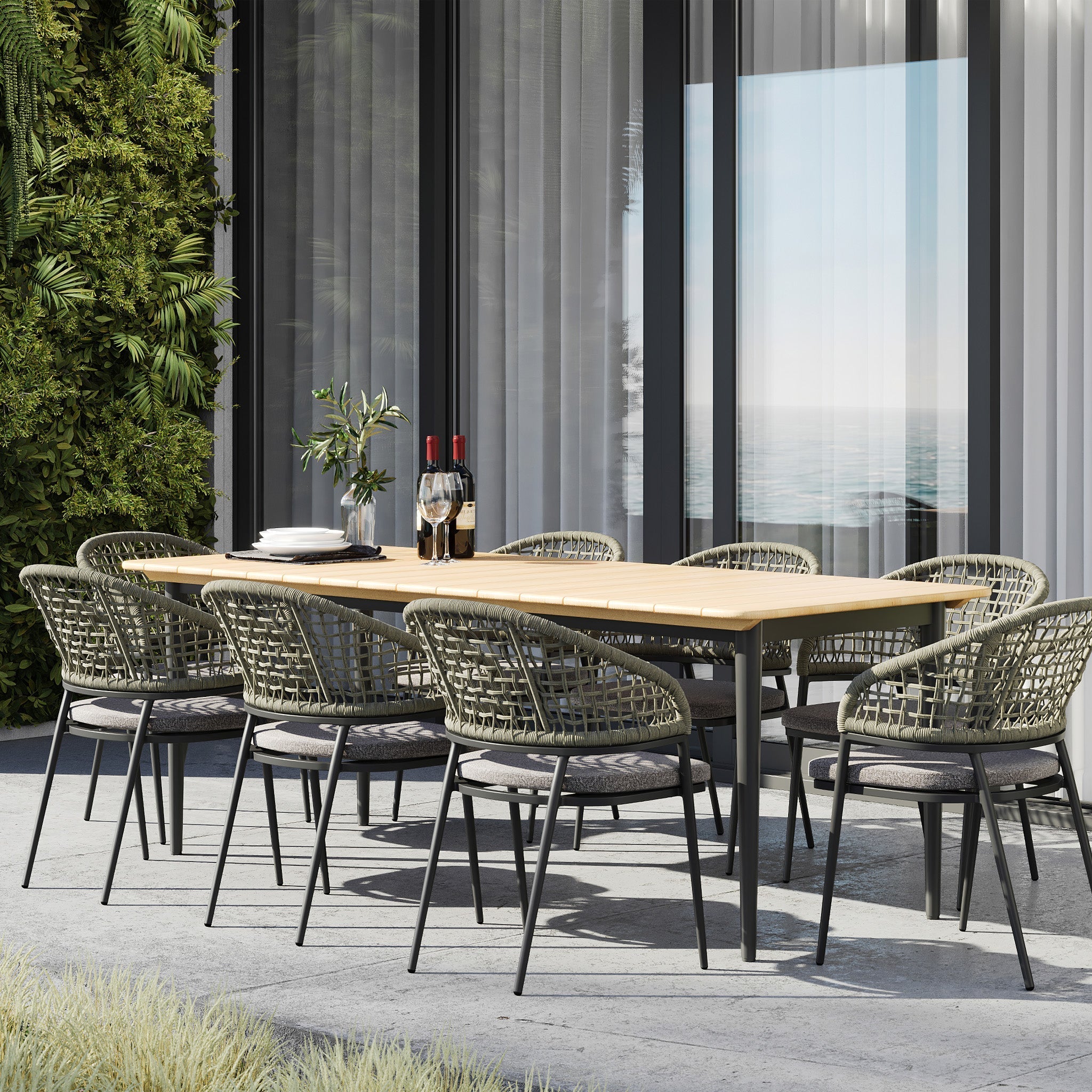 Kalama 8 Seat Rectangular Dining Set with Teak Table in Olive Green