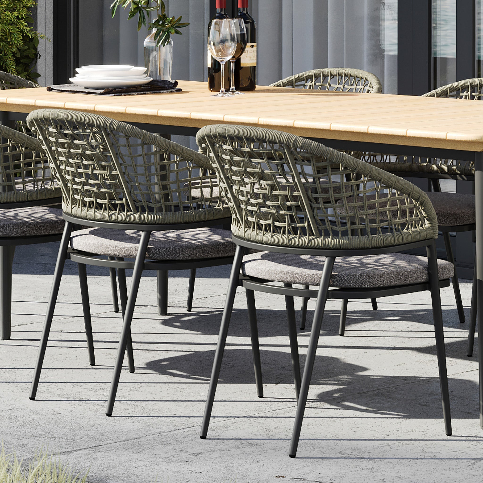 Kalama 8 Seat Rectangular Dining Set with Teak Table in Olive Green