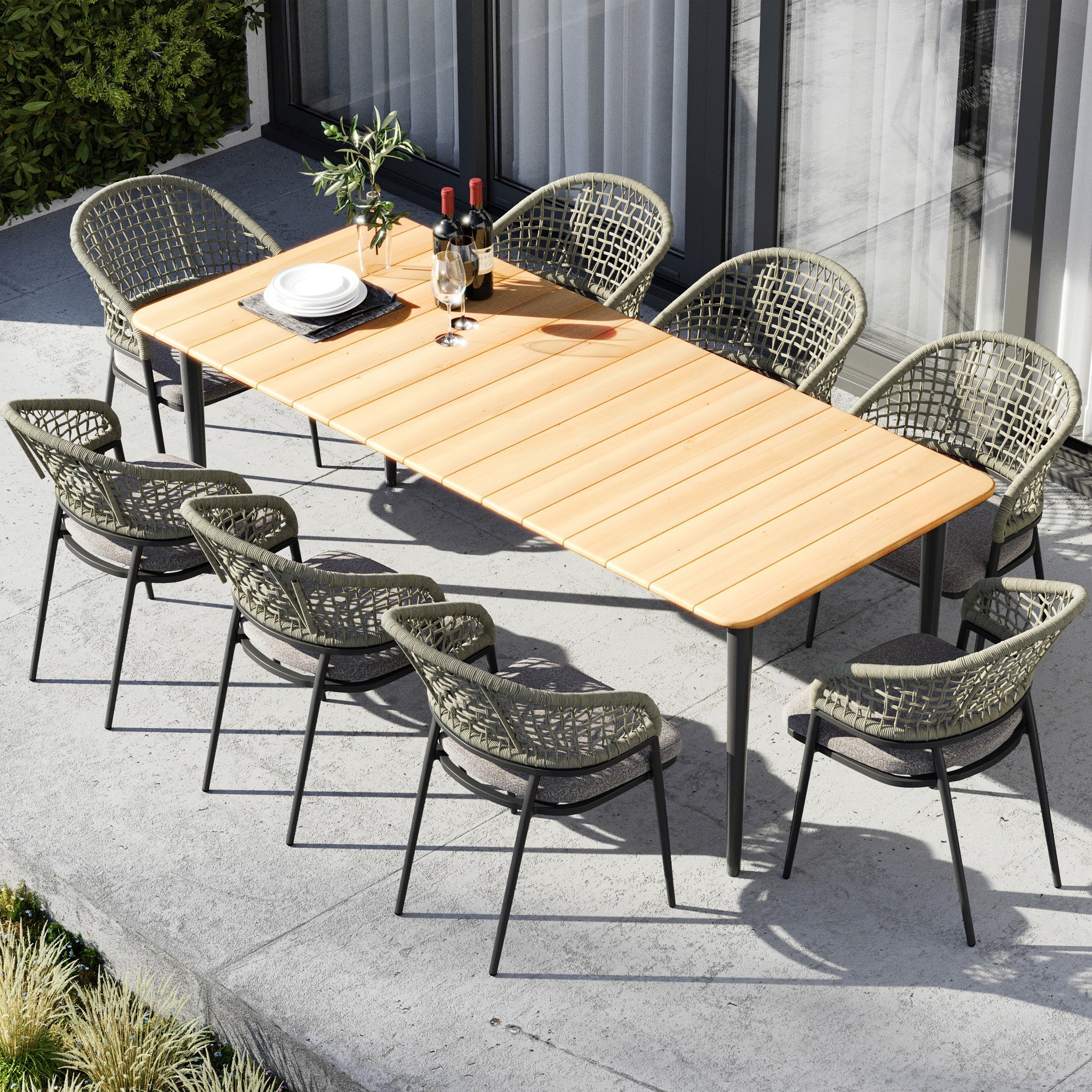 Kalama 8 Seat Rectangular Dining Set with Teak Table in Olive Green