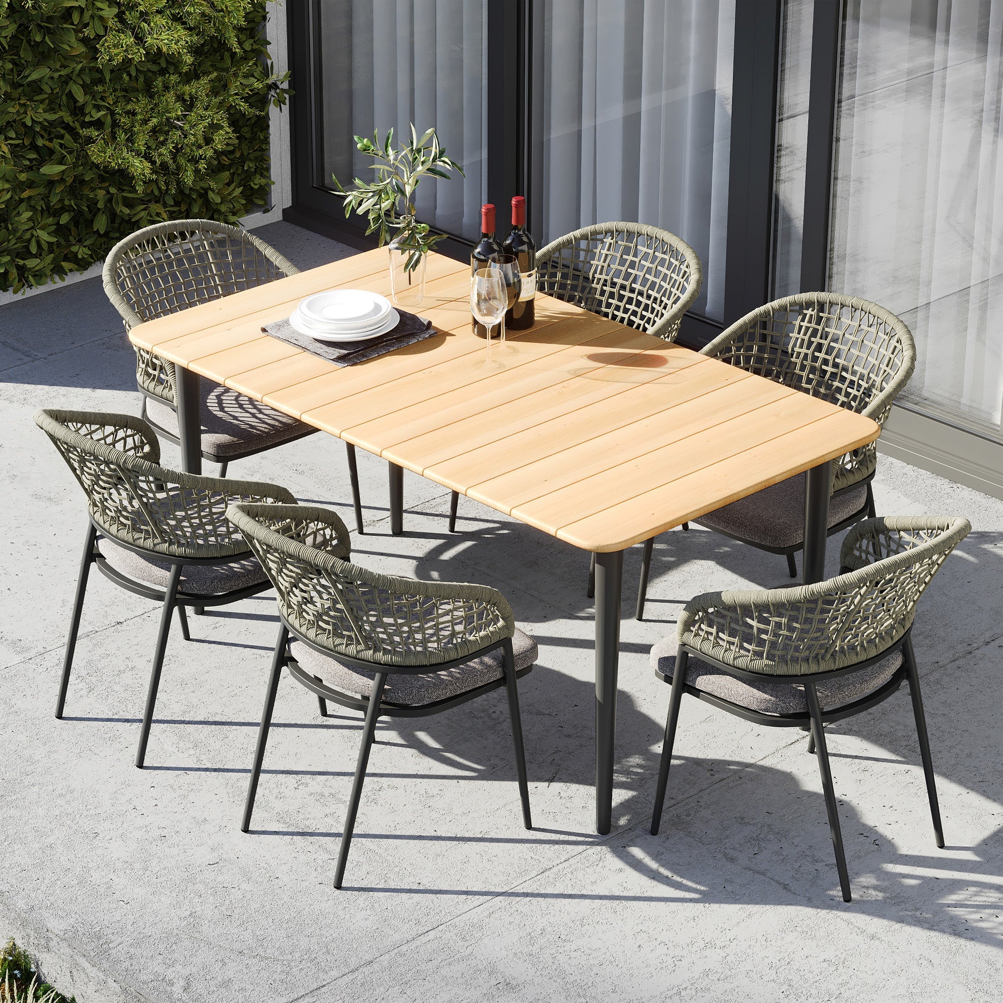 Kalama 6 Seat Rectangular Dining Set with Teak Table in Olive Green