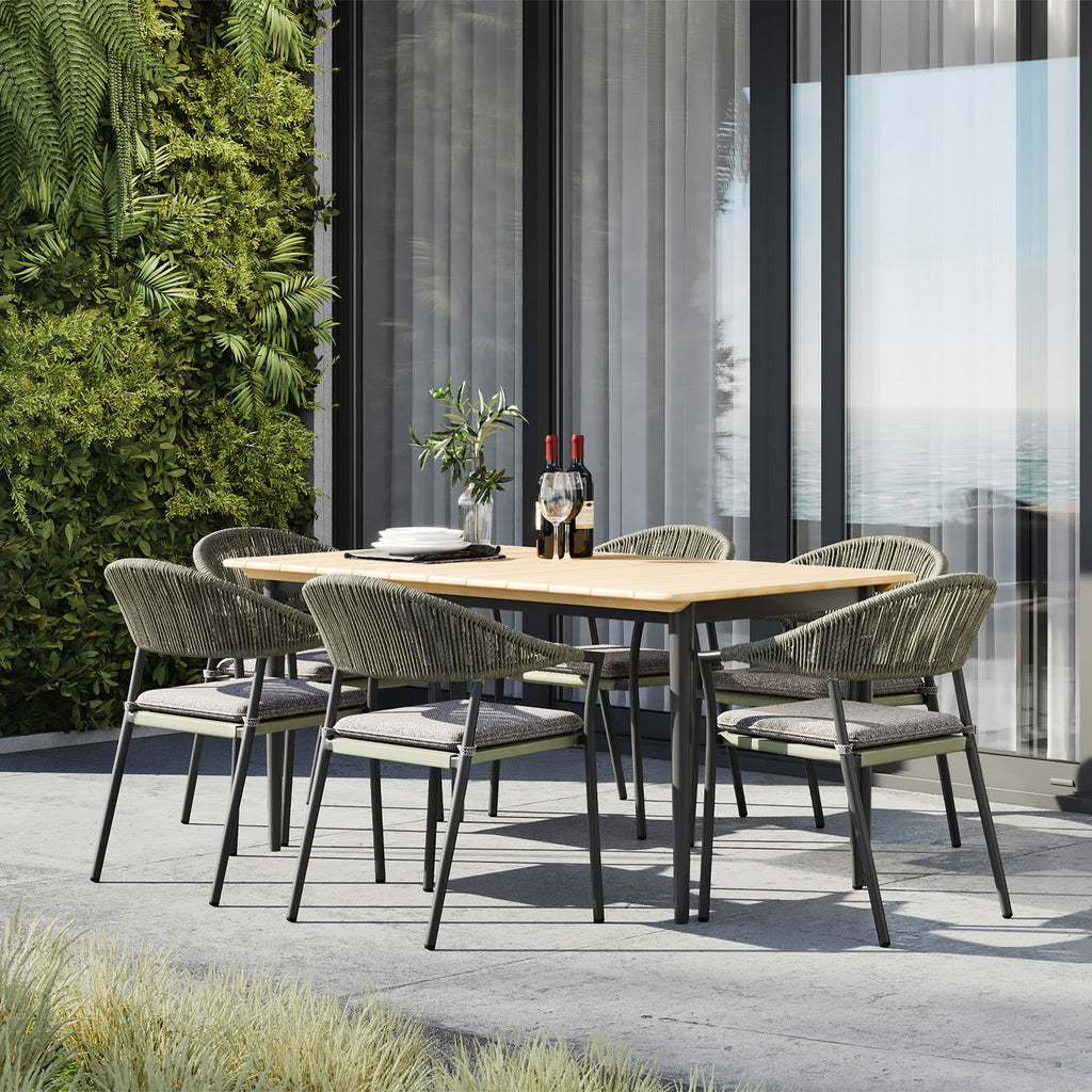 Cloverly 6 Seat Rectangular Dining with Teak Table in Olive Green