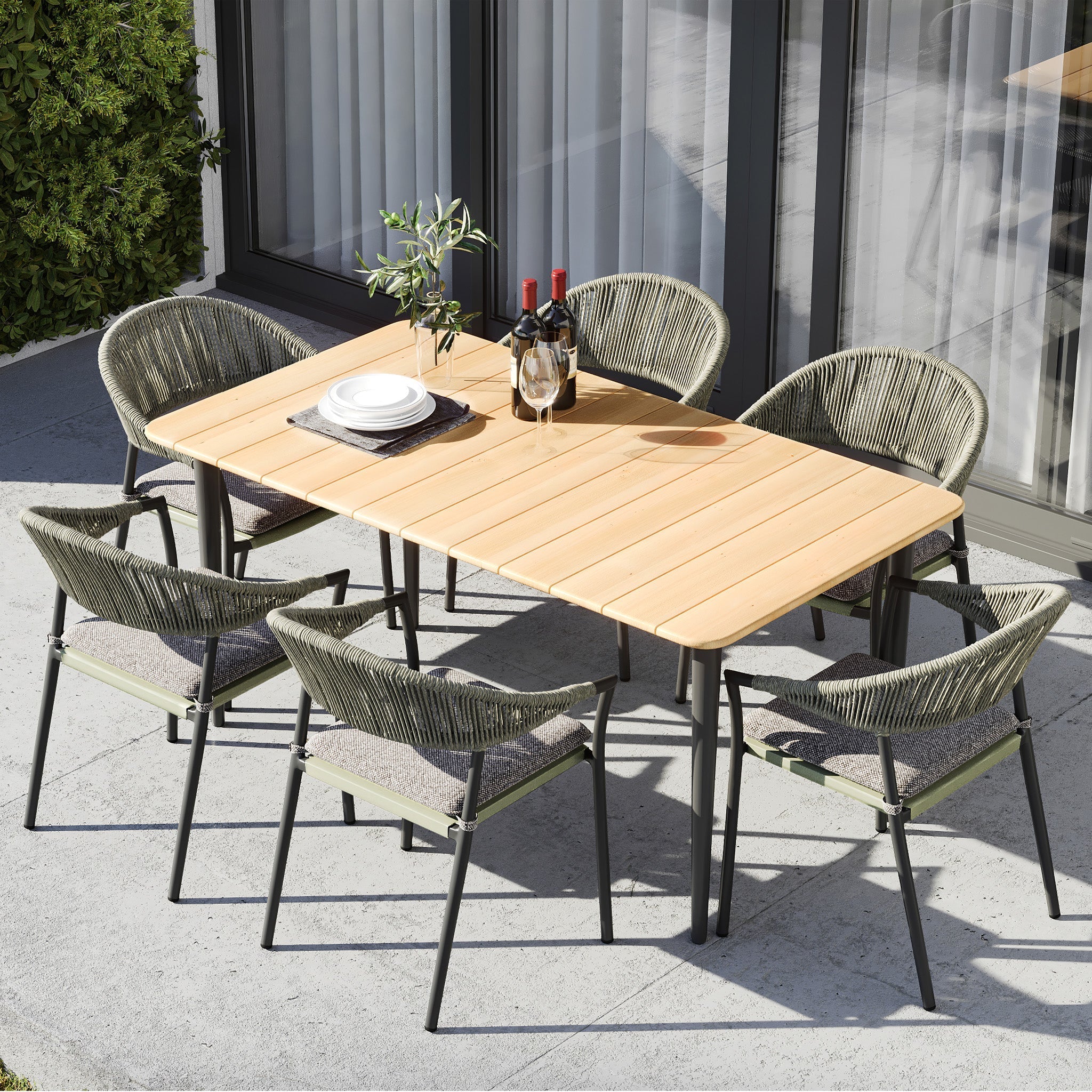 Cloverly 6 Seat Rectangular Dining with Teak Table in Olive Green