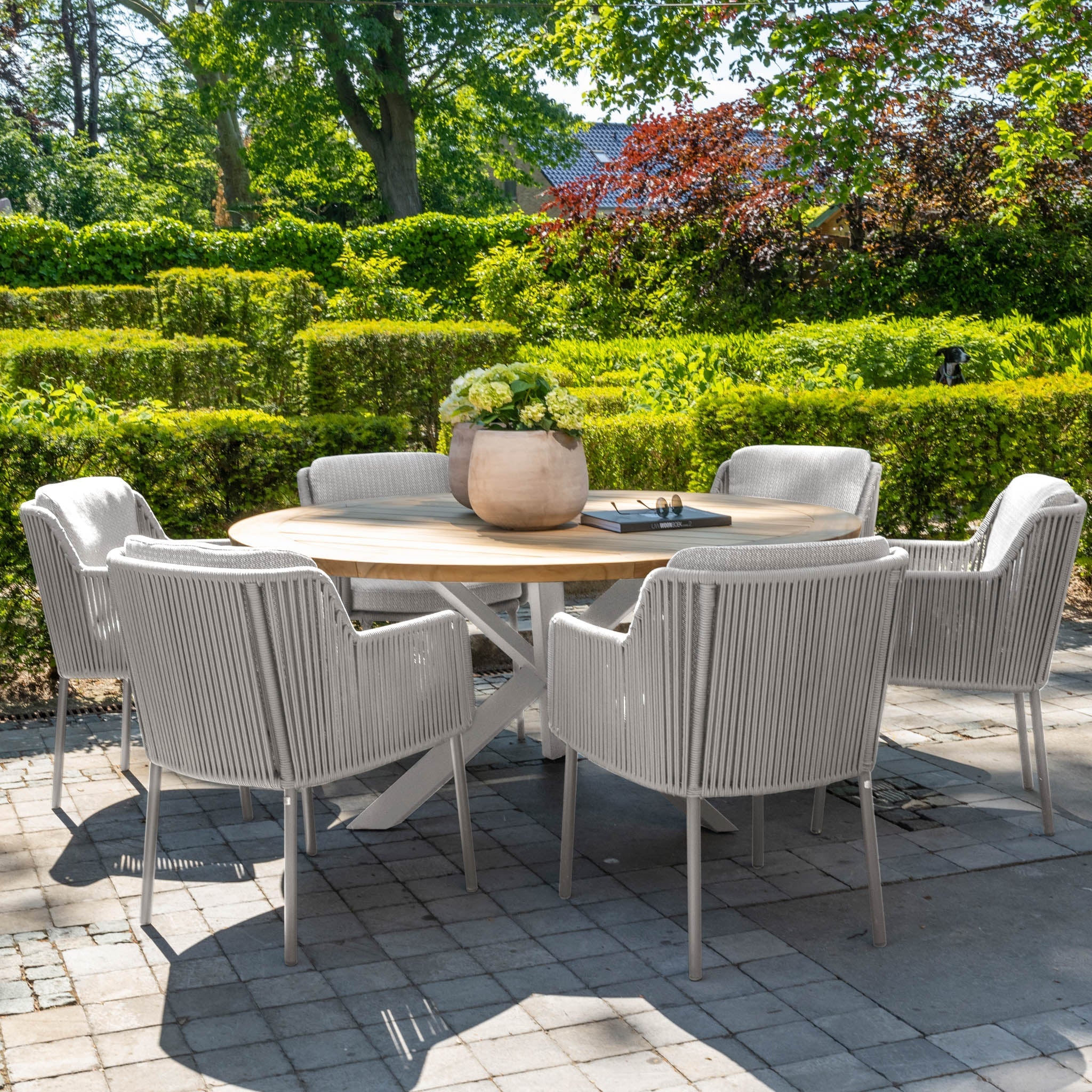 Bernini 6 Seat Round Dining with Teak Table in Light Grey