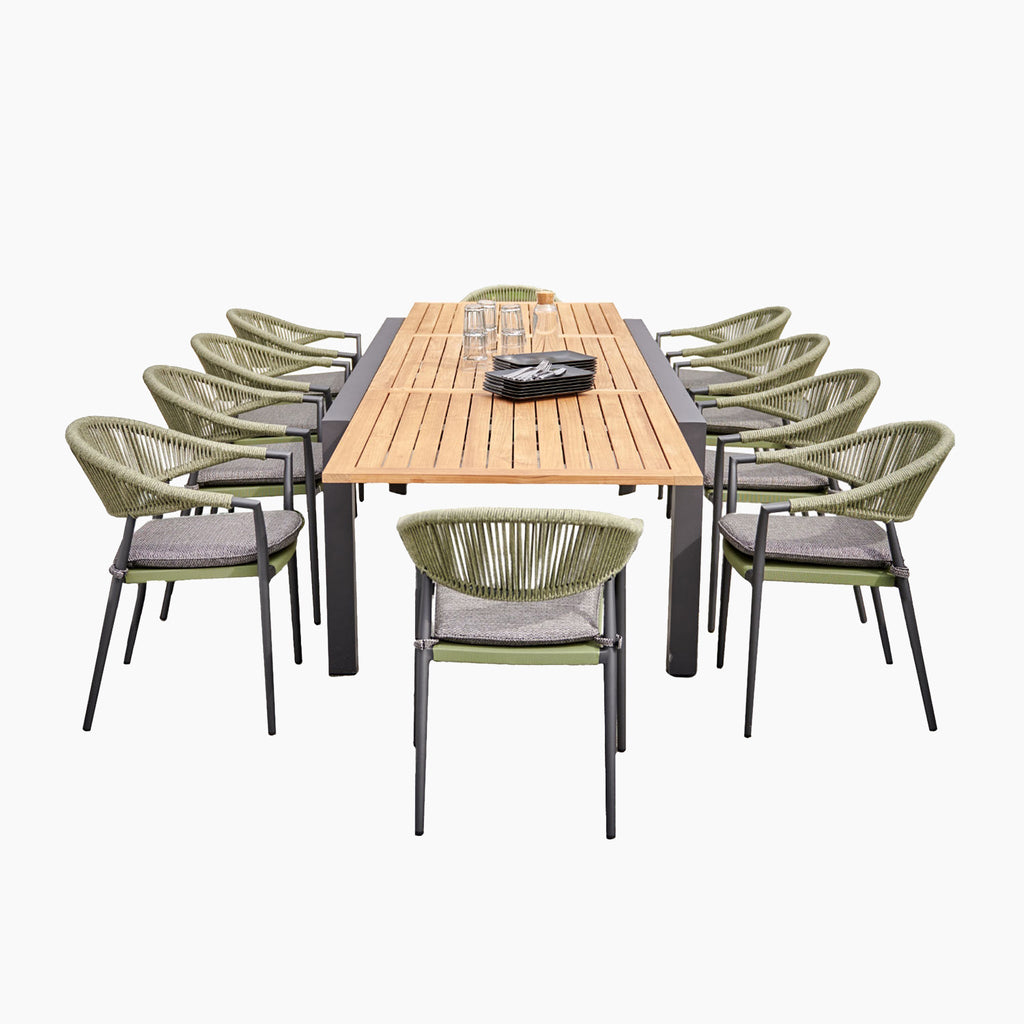 Cloverly 10 Seat Rectangular Extending Dining Set with Teak Table in Olive Green