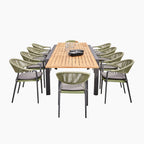 Cloverly 10 Seat Rectangular Extending Dining Set with Teak Table in Olive Green