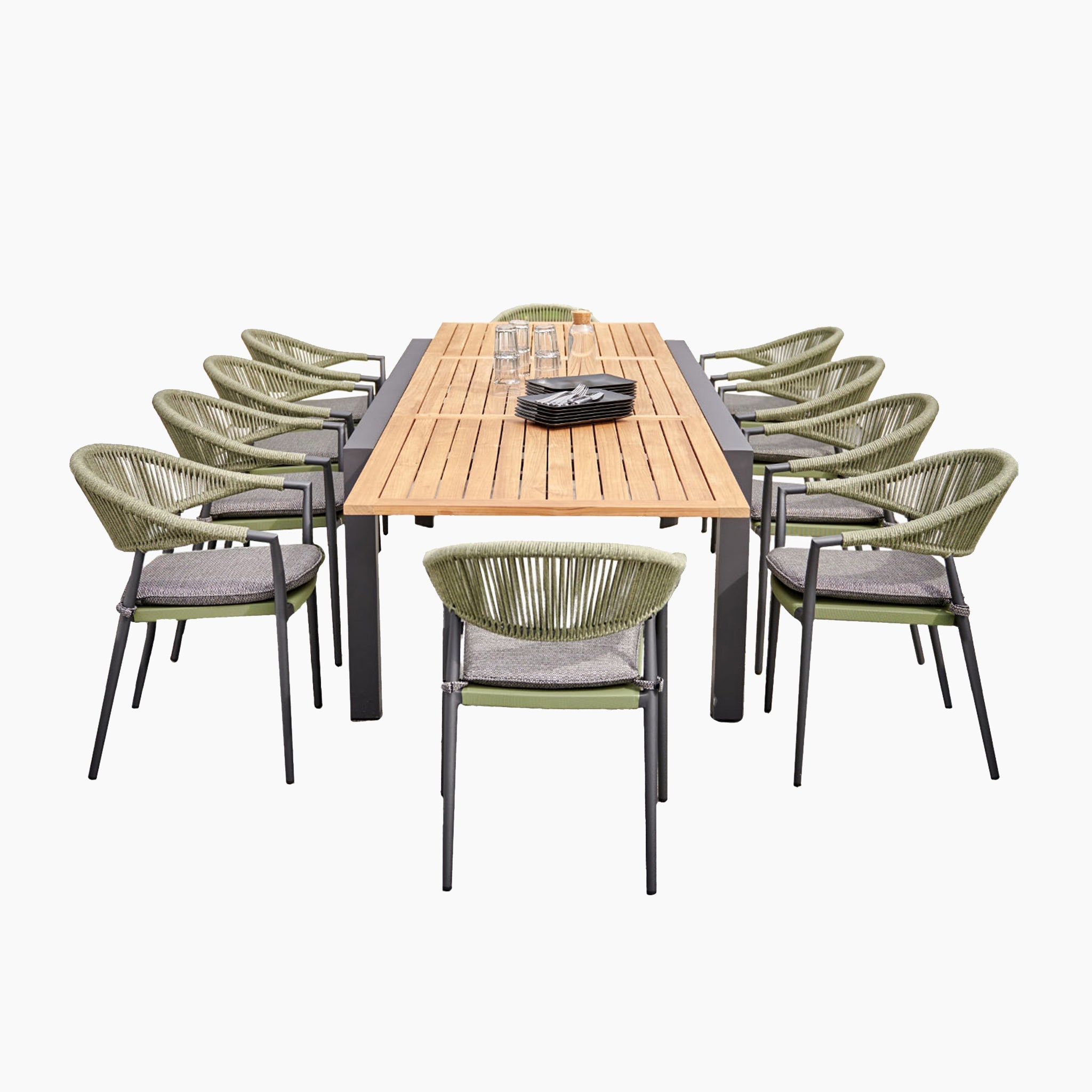 Cloverly 10 Seat Rectangular Extending Dining Set with Teak Table in Olive Green