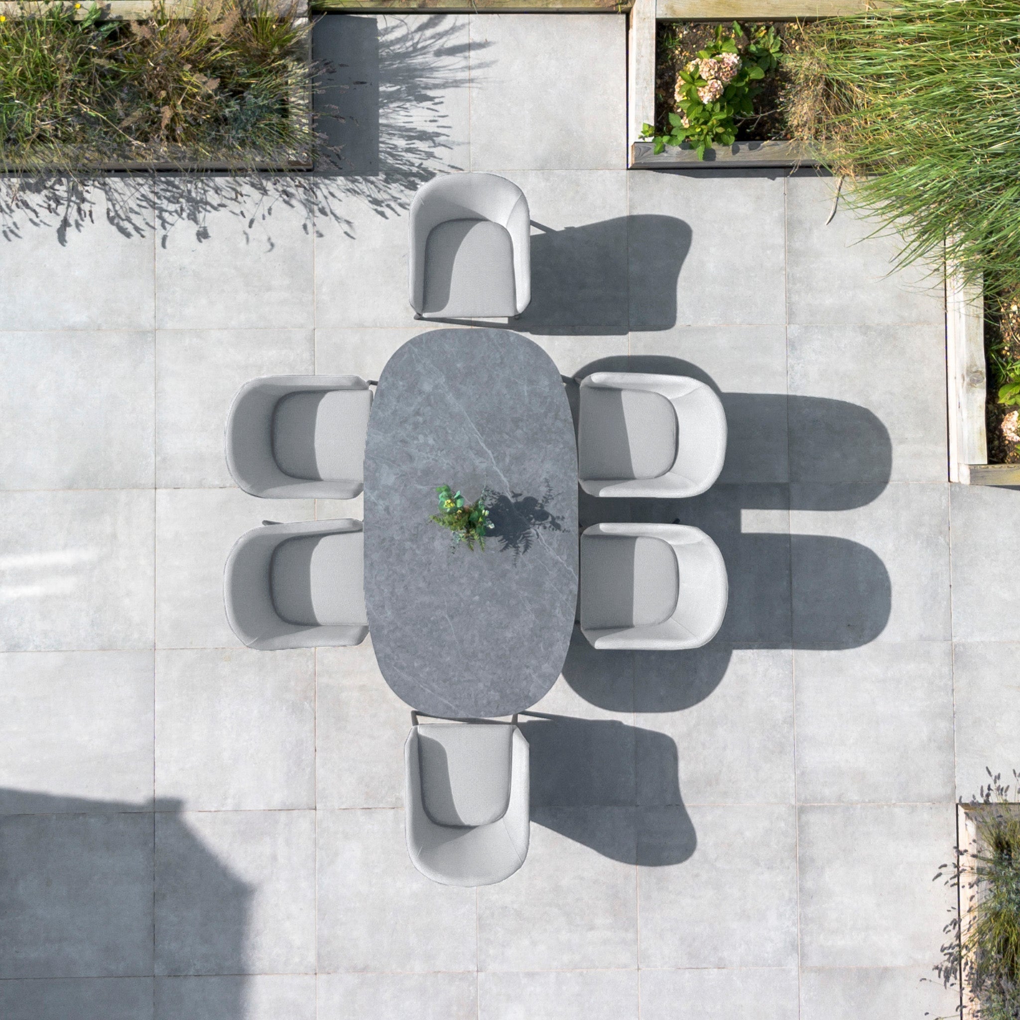 Luna 6 Seat Outdoor Fabric Oval Ceramic Dining Set in Oyster Grey