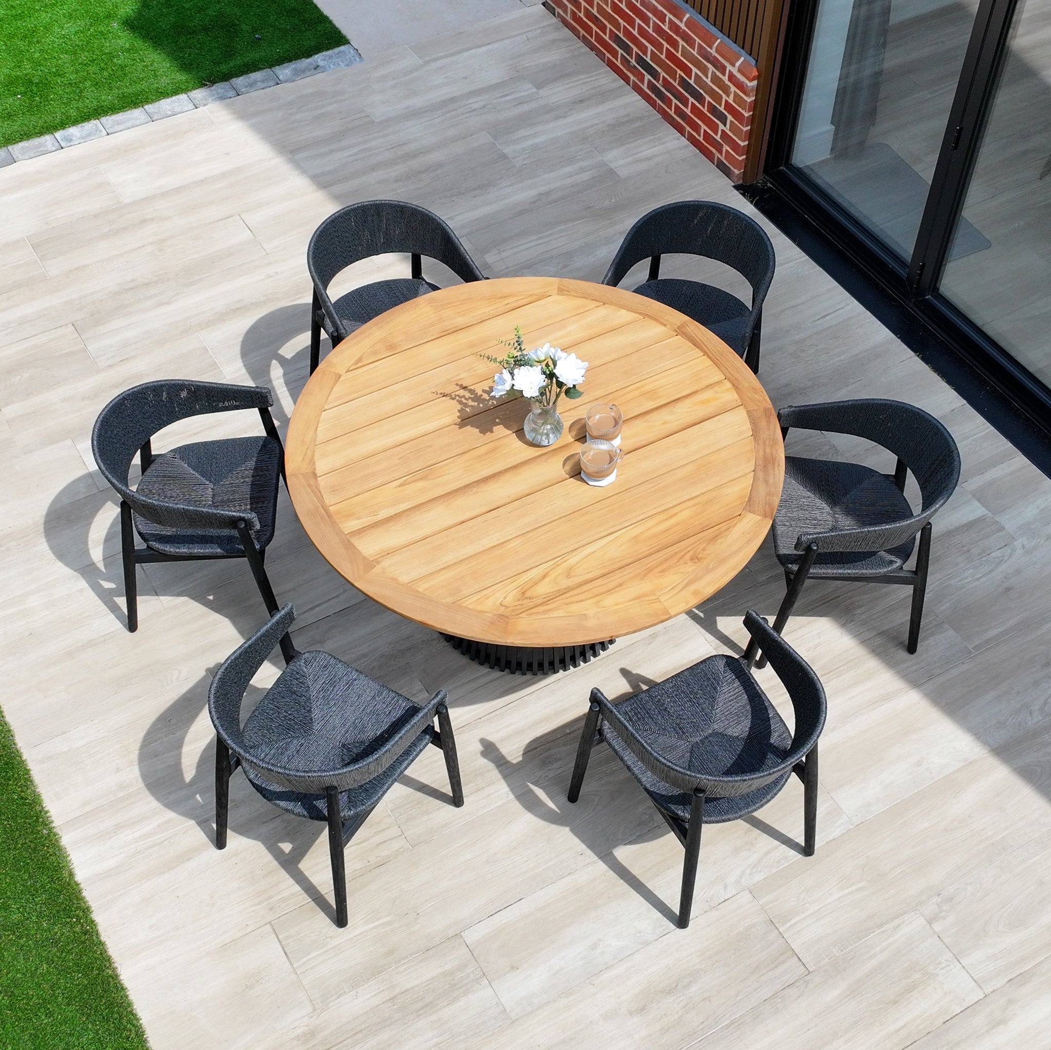 Lucca 6 Seat Dining Set with Teak Round Table in Black