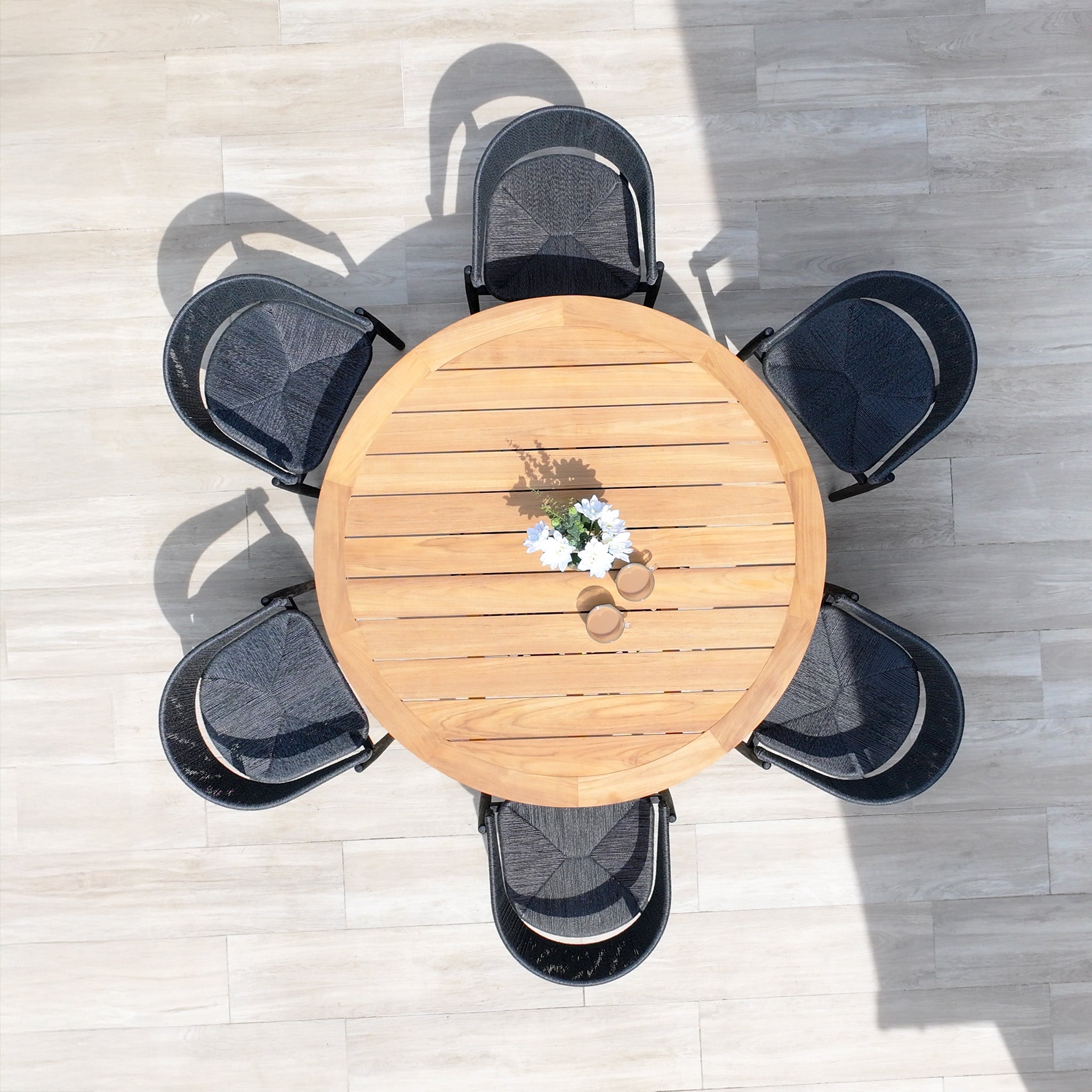 Lucca 6 Seat Dining Set with Teak Round Table in Black
