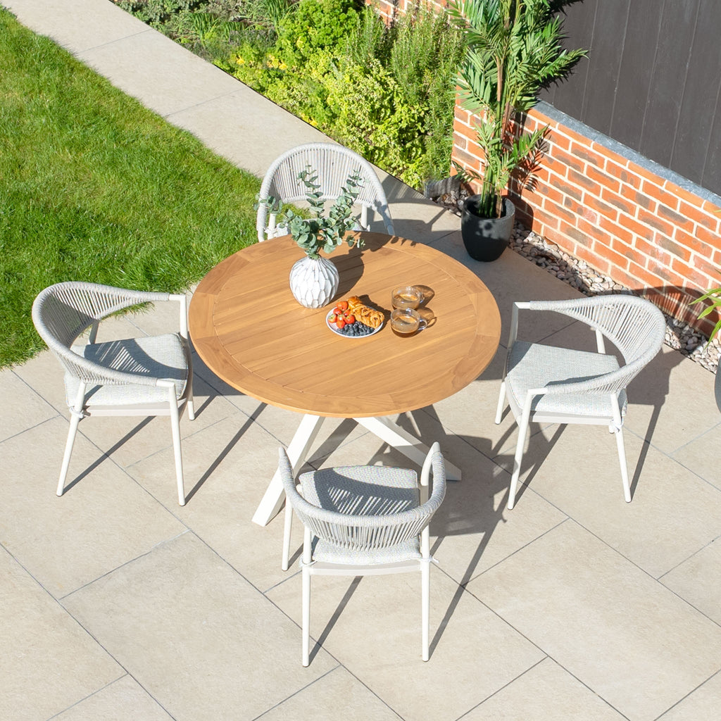 Cloverly 4 Seat Round Dining Set with Teak Table Top in Latte