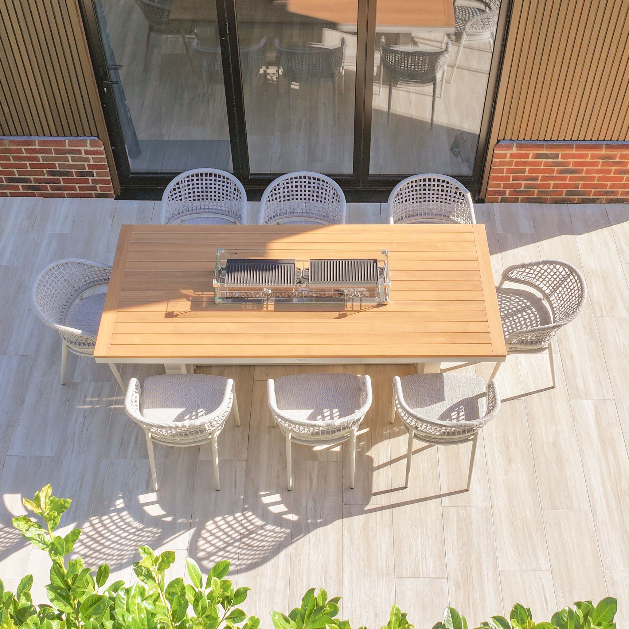 Kalama 8 Seat Rectangular Teak Firepit Dining Set in Latte