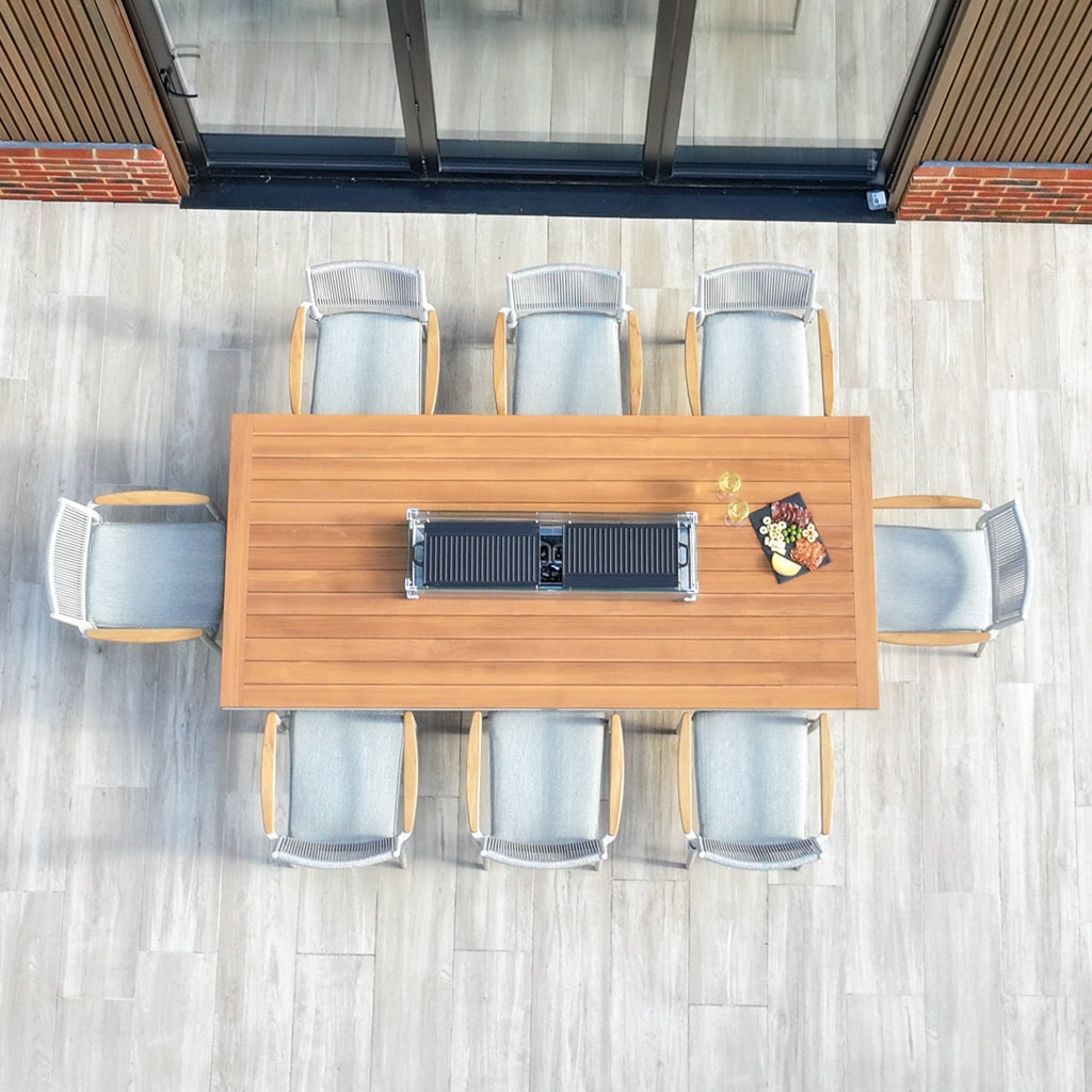 Tellaro 8 Seat Rectangular Teak Firepit Dining Set in Latte