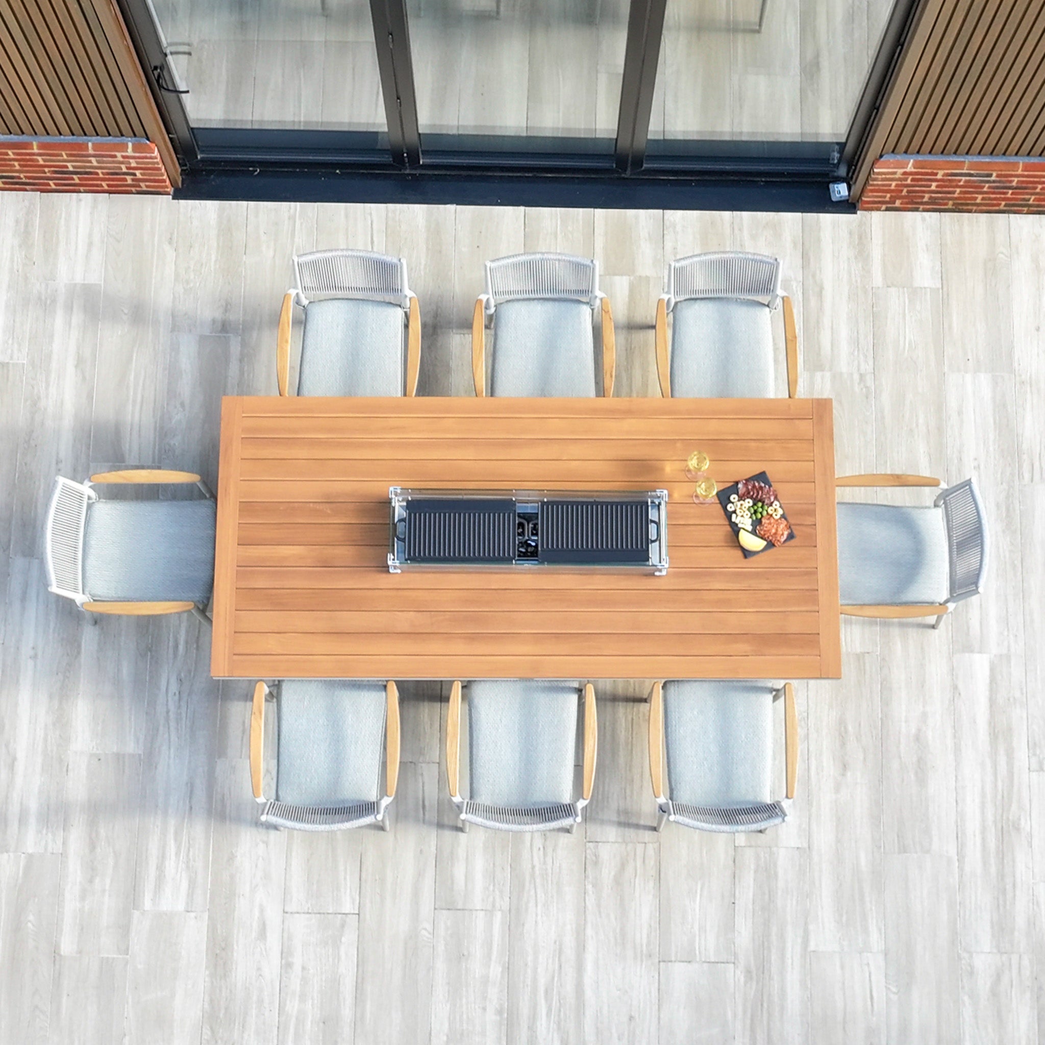 Tellaro 8 Seat Rectangular Teak Firepit Dining Set in Latte