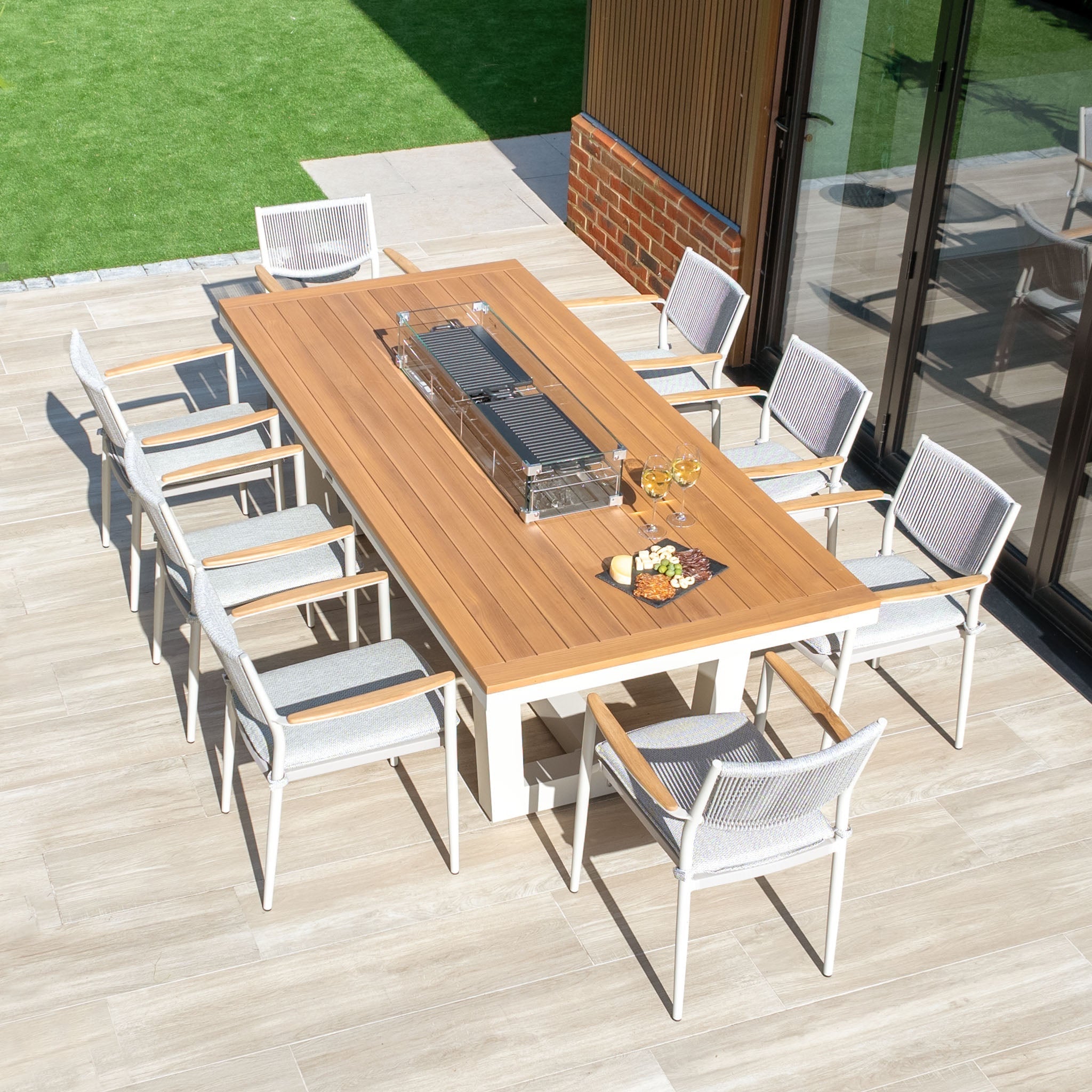 Tellaro 8 Seat Rectangular Teak Firepit Dining Set in Latte