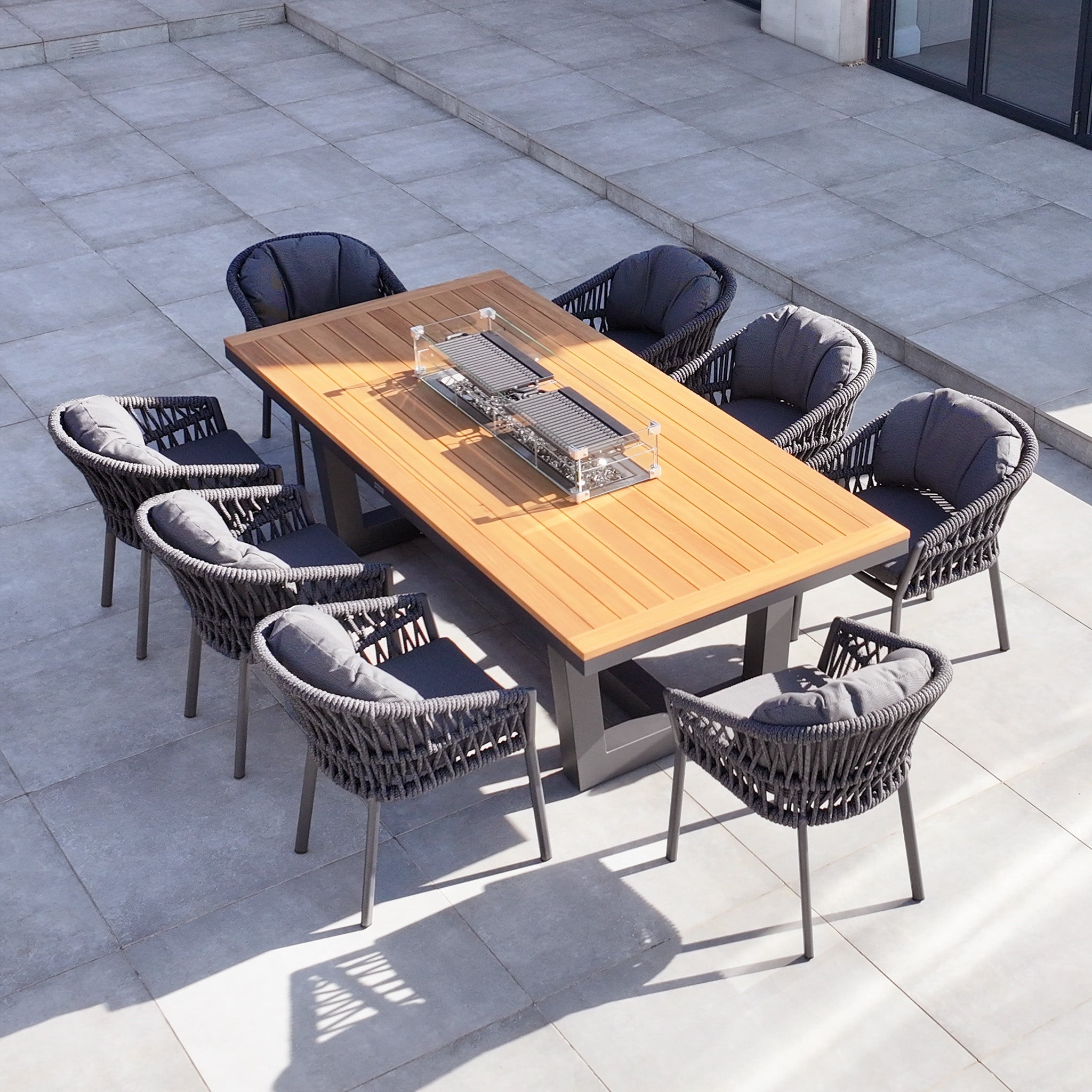 Pello 8 Seat Rectangular Teak Firepit Dining Set in Grey
