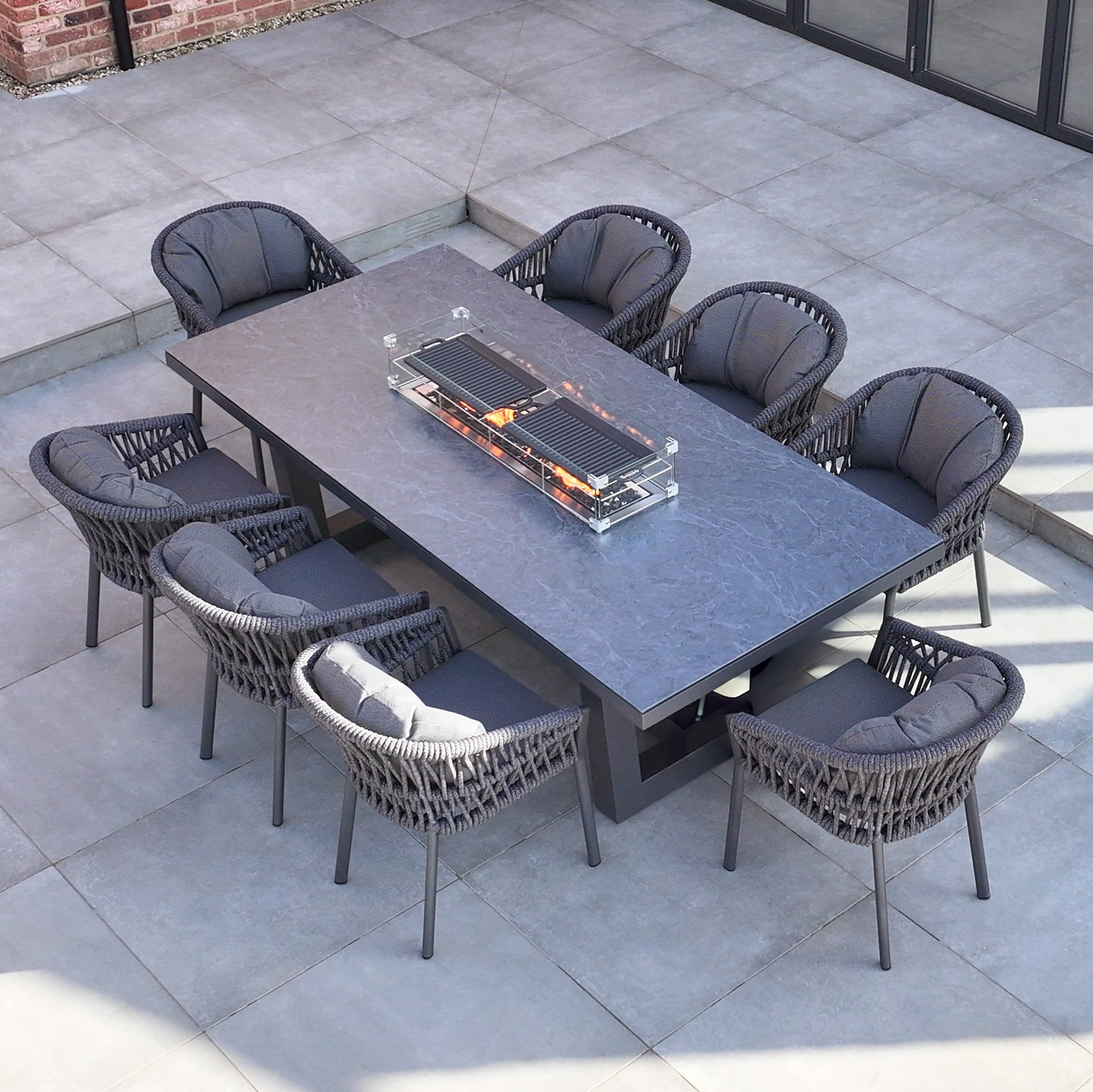 Pello 8 Seat Rectangular Ceramic Firepit Dining Set in Grey