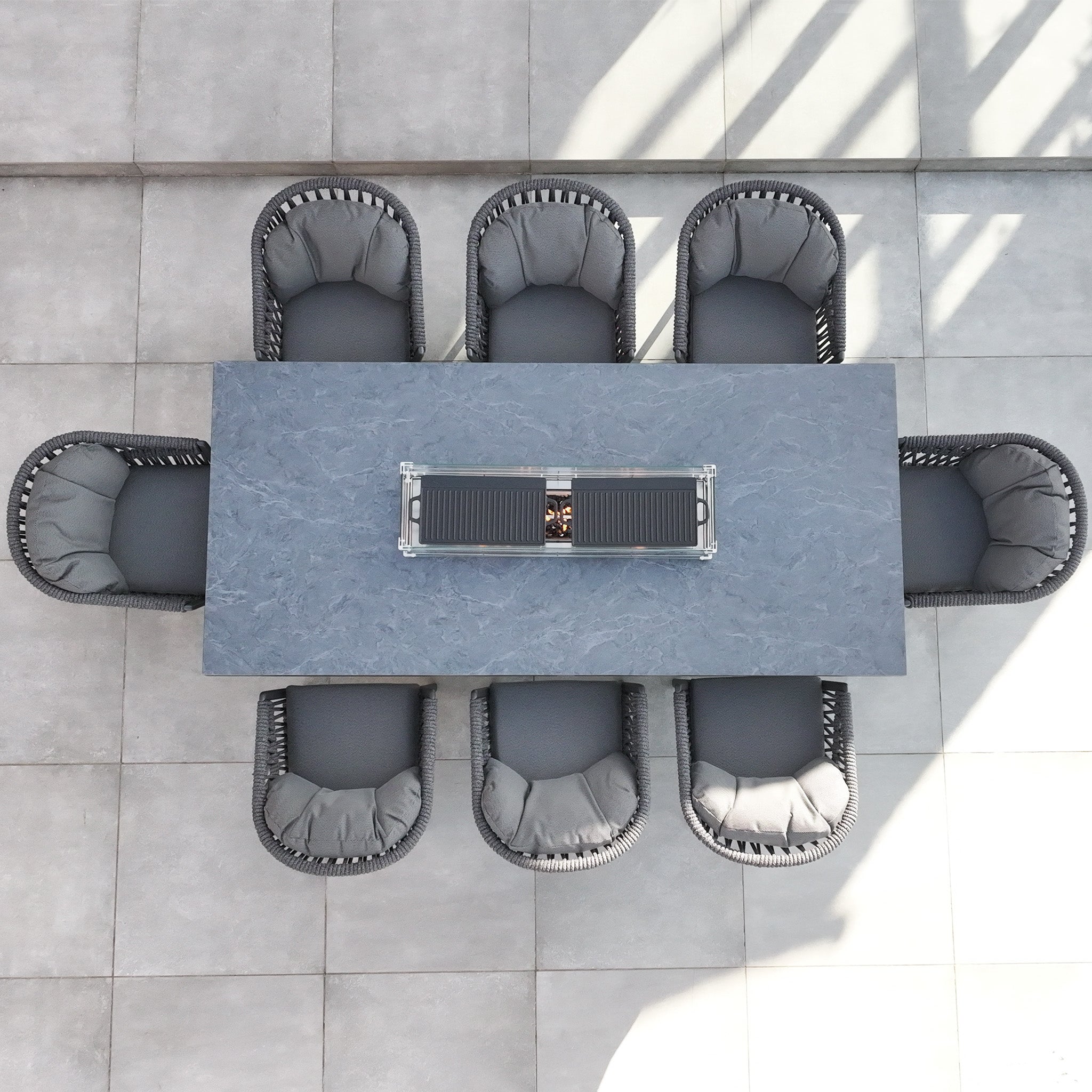 Pello 8 Seat Rectangular Ceramic Firepit Dining Set in Grey