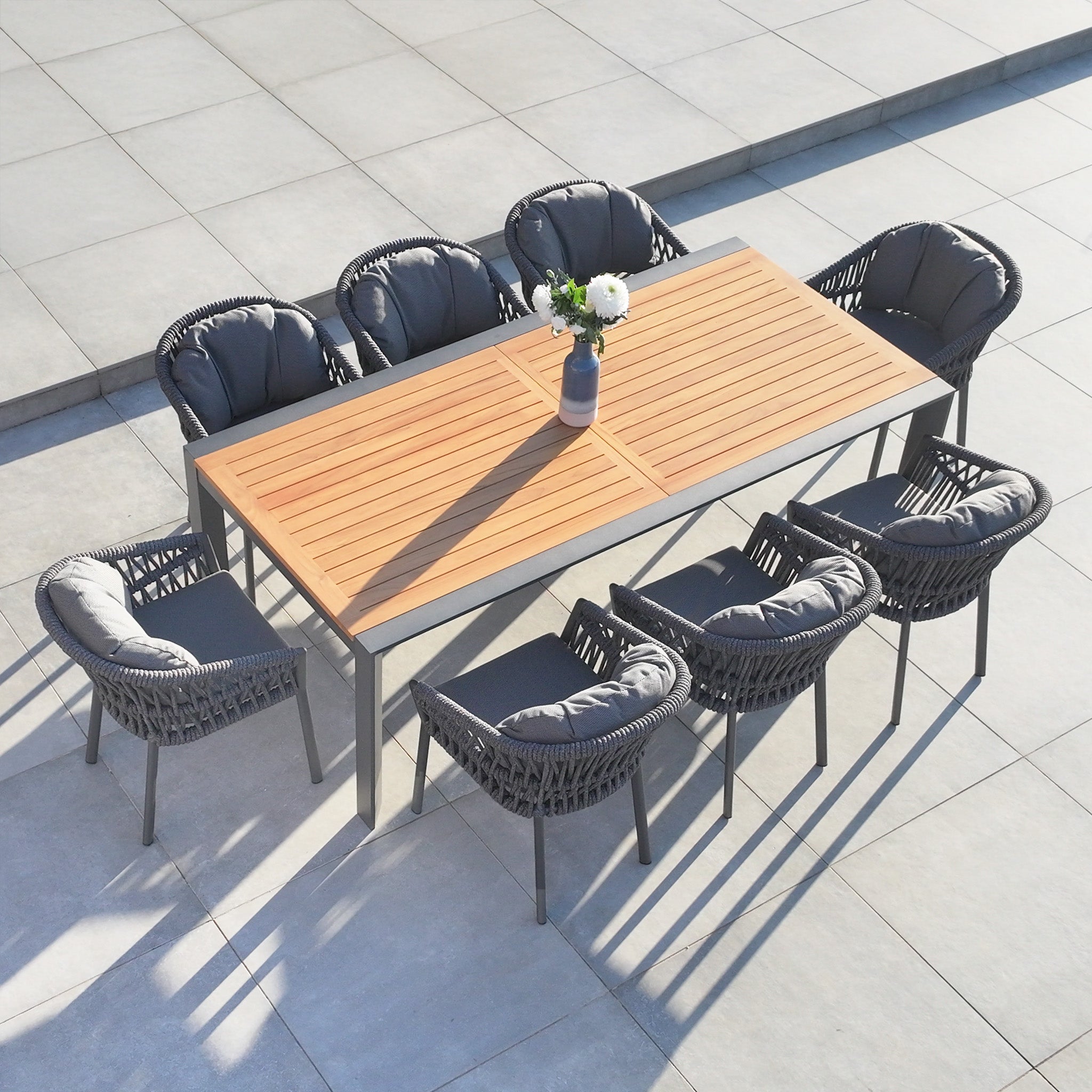 Pello 8 Seat Extending Dining Set with Teak Table in Grey