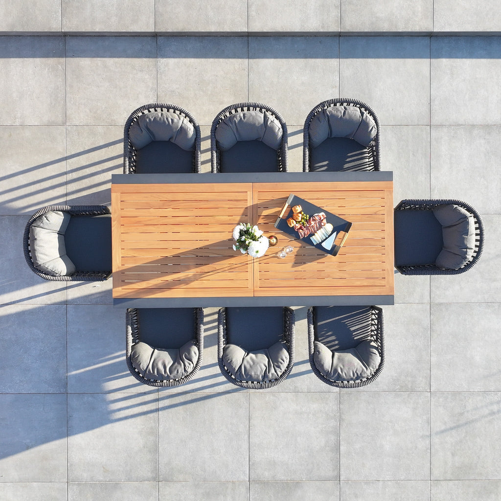 Pello 8 Seat Extending Dining Set with Teak Table in Grey