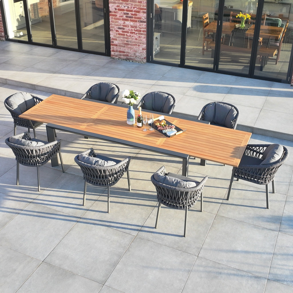 Pello 8 Seat Extending Dining Set with Teak Table in Grey