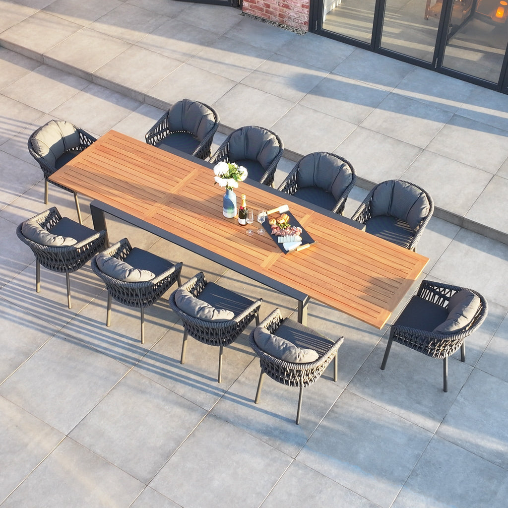 Pello 10 Seat Extending Dining Set with Teak Table in Grey