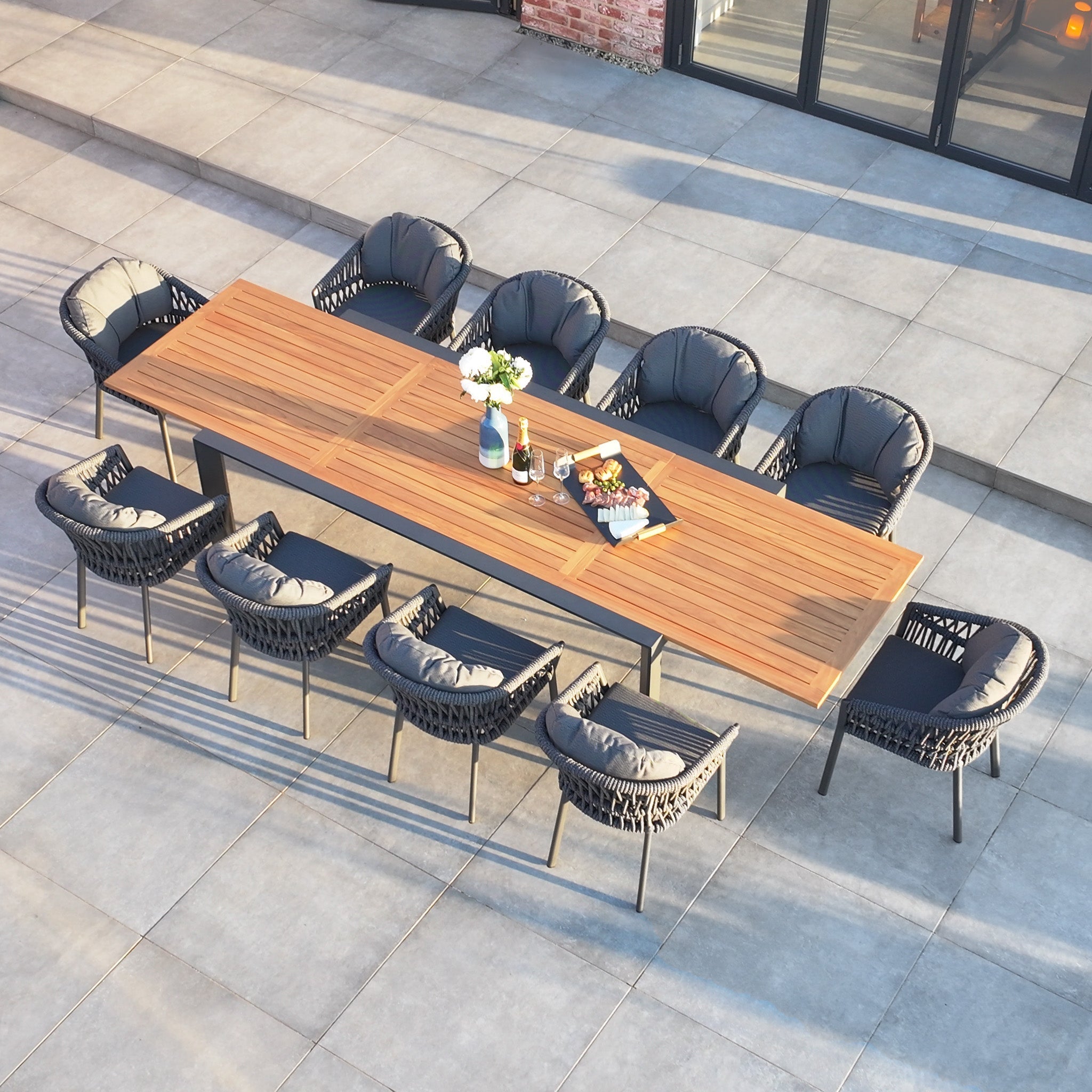 Pello 10 Seat Extending Dining Set with Teak Table in Grey
