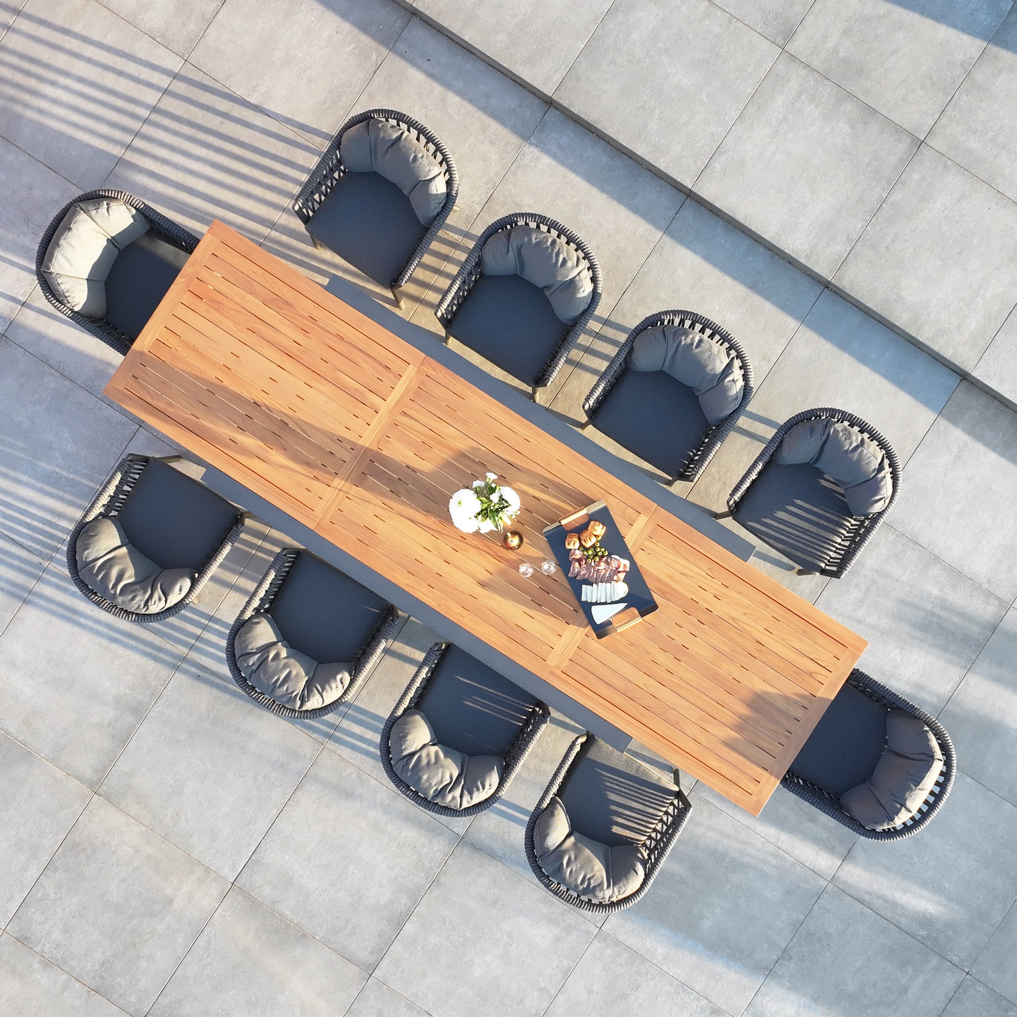 Pello 10 Seat Extending Dining Set with Teak Table in Grey