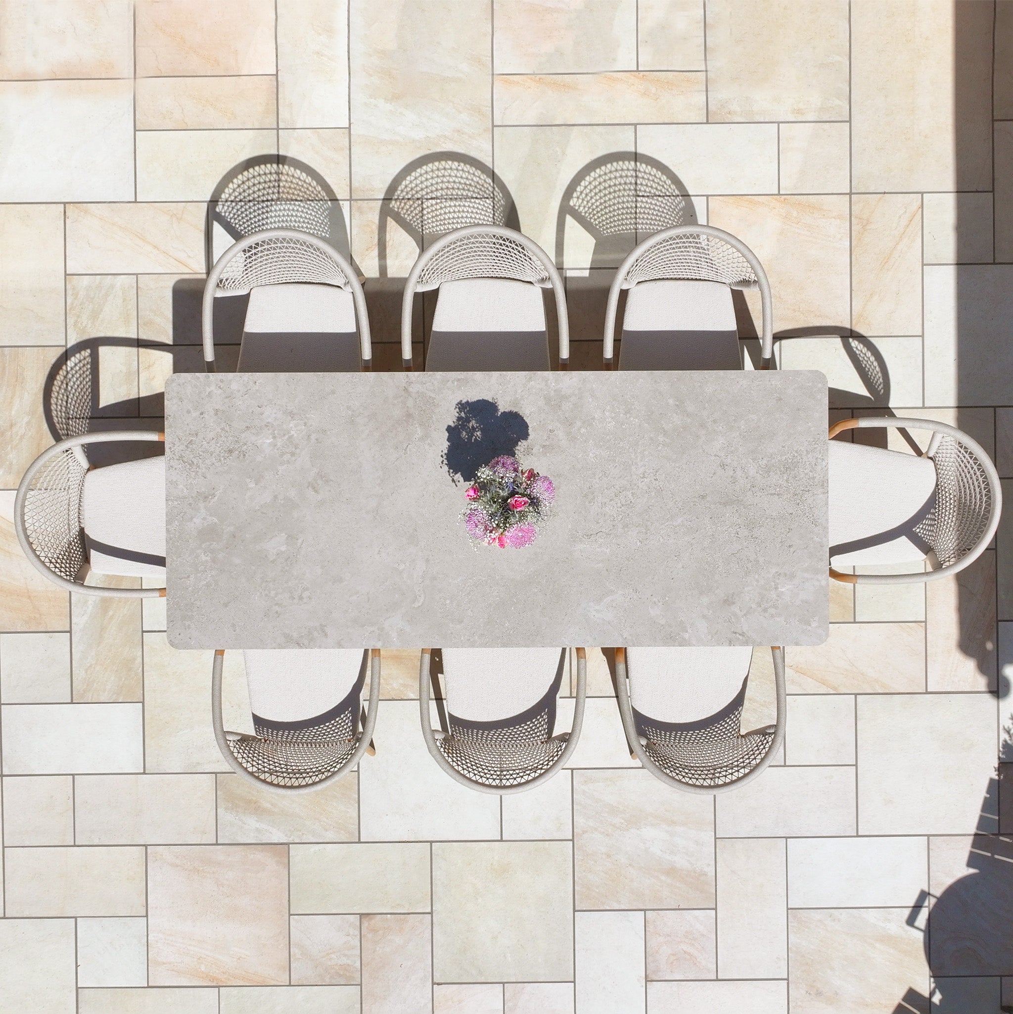 Sora 8 Seat Rope Dining Set with Ceramic Top Table in Stone