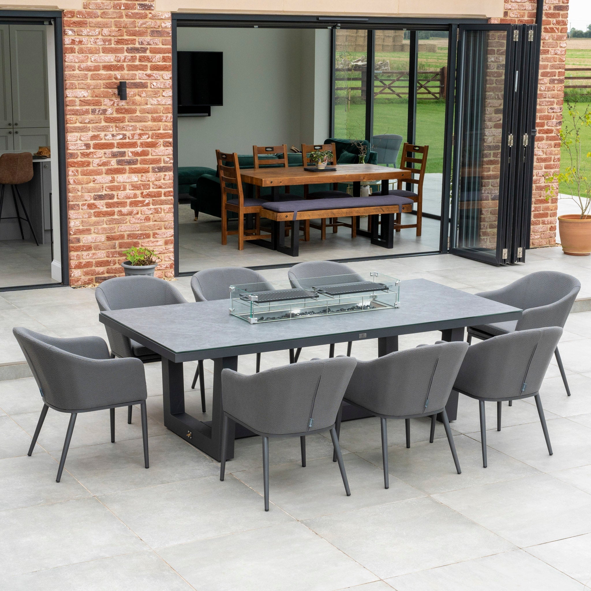 Luna 8 Seat Outdoor Fabric Rectangular Ceramic Firepit Dining Set in Grey