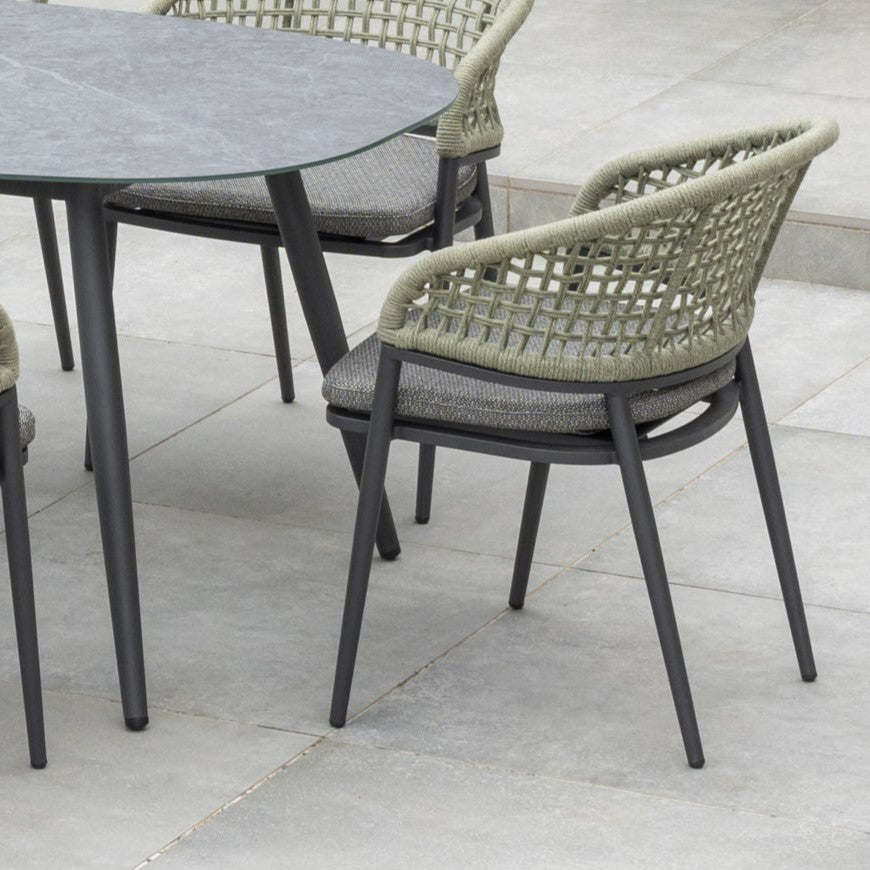 Kalama 8 Seat Rope Oval Dining Set with Ceramic Table in Olive Green