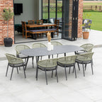 Kalama 8 Seat Rope Oval Dining Set with Ceramic Table in Olive Green