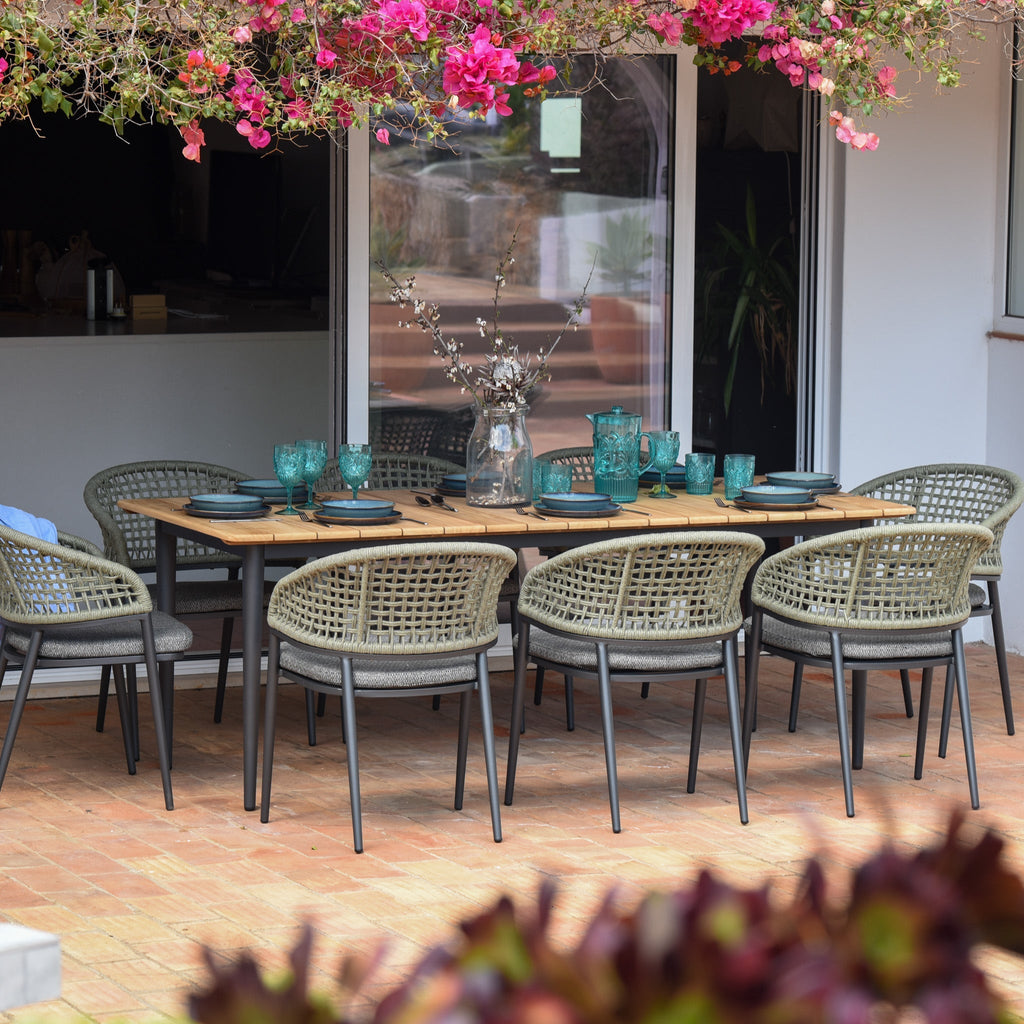 Kalama 8 Seat Rectangular Dining Set with Teak Table in Olive Green