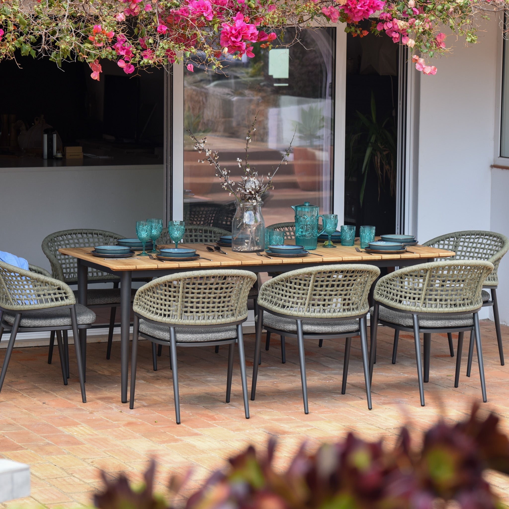 Kalama 8 Seat Rectangular Dining Set with Teak Table in Olive Green