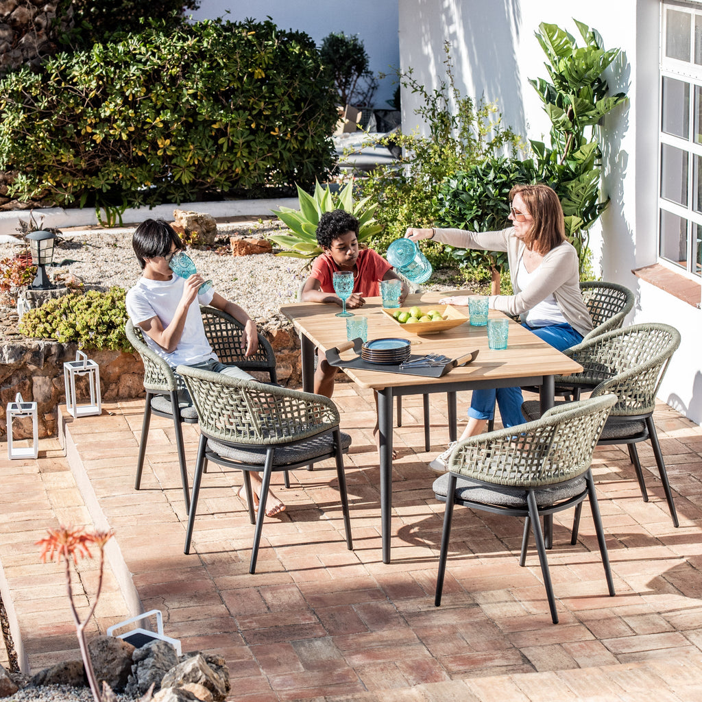 Kalama 6 Seat Rectangular Dining Set with Teak Table in Olive Green
