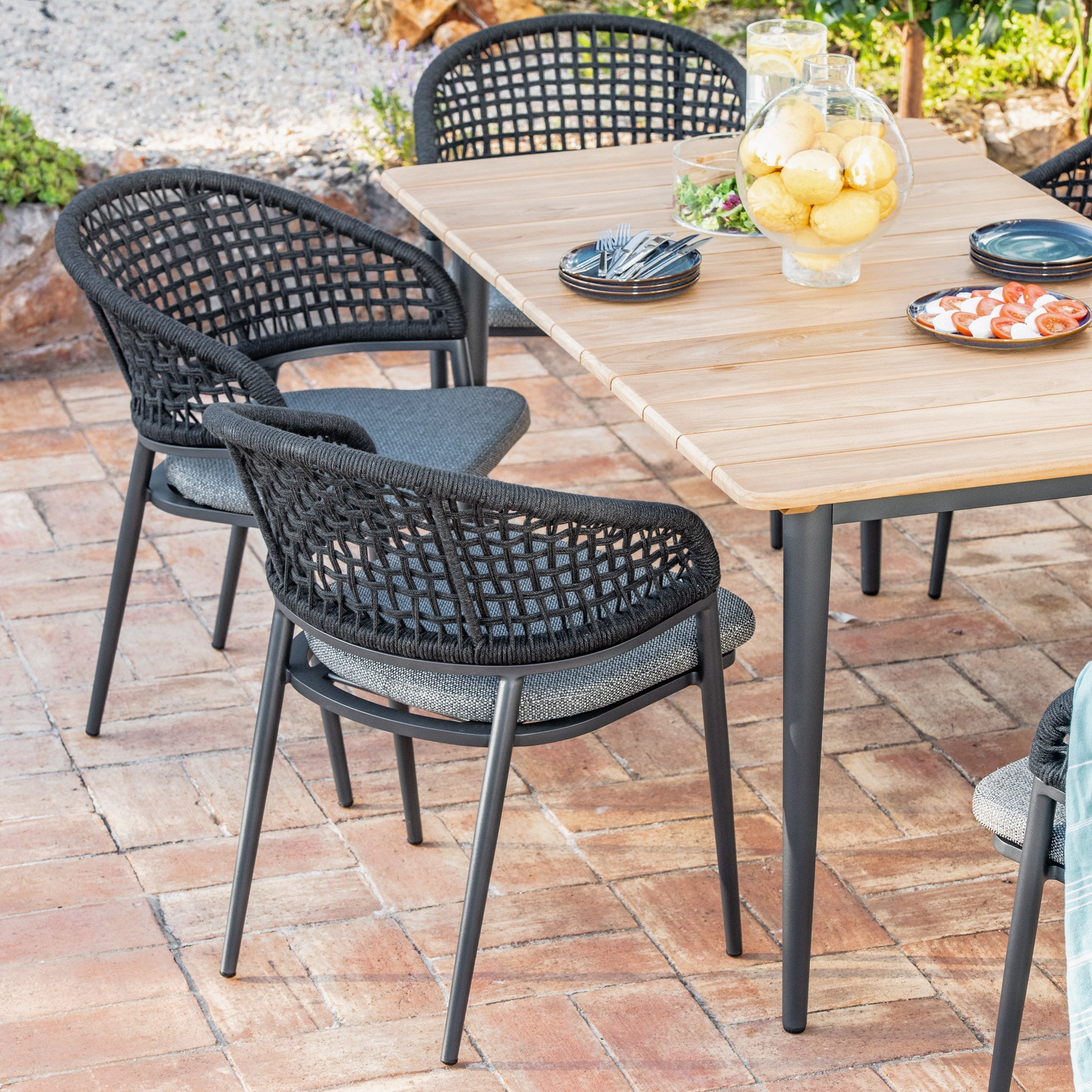 Kalama 6 Seat Rectangular Dining Set with Teak Table in Charcoal