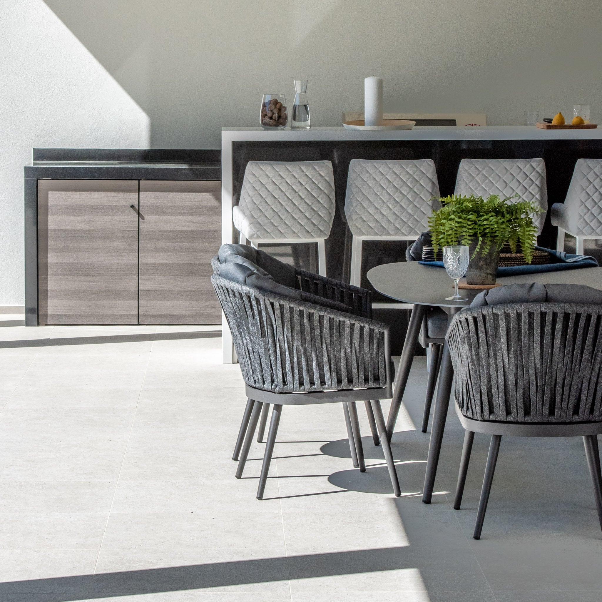 Monterrey 6 Seat Rope Dining Set with Oval Ceramic Table in Grey