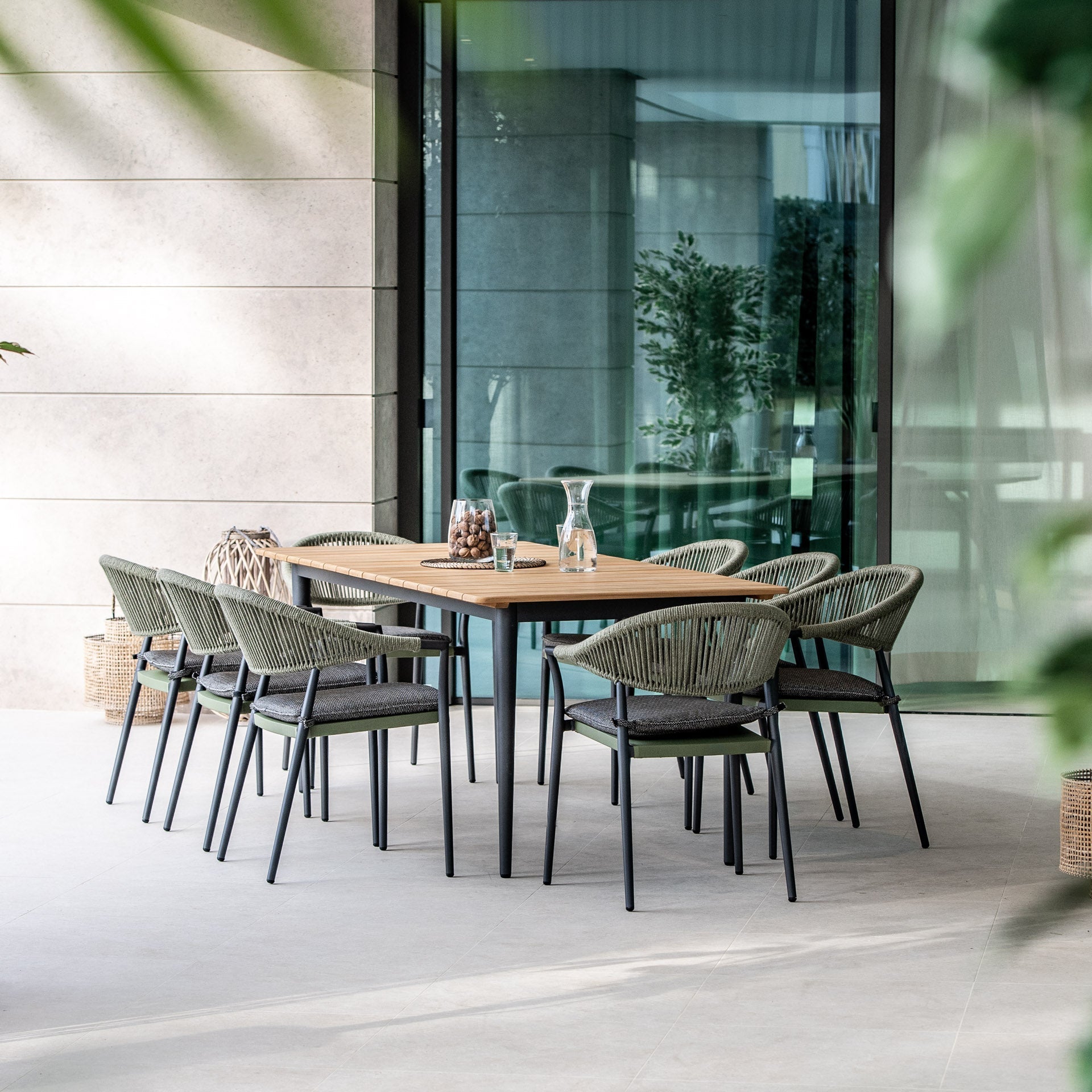 Cloverly 8 Seat Rectangular Dining with Teak Table in Olive Green