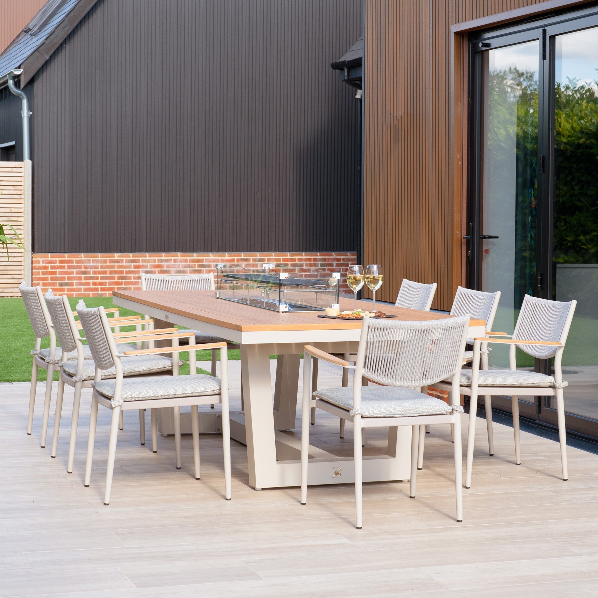 Tellaro 8 Seat Rectangular Teak Firepit Dining Set in Latte