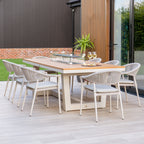 Cloverly 8 Seat Rectangular Teak Firepit Dining Set in Latte