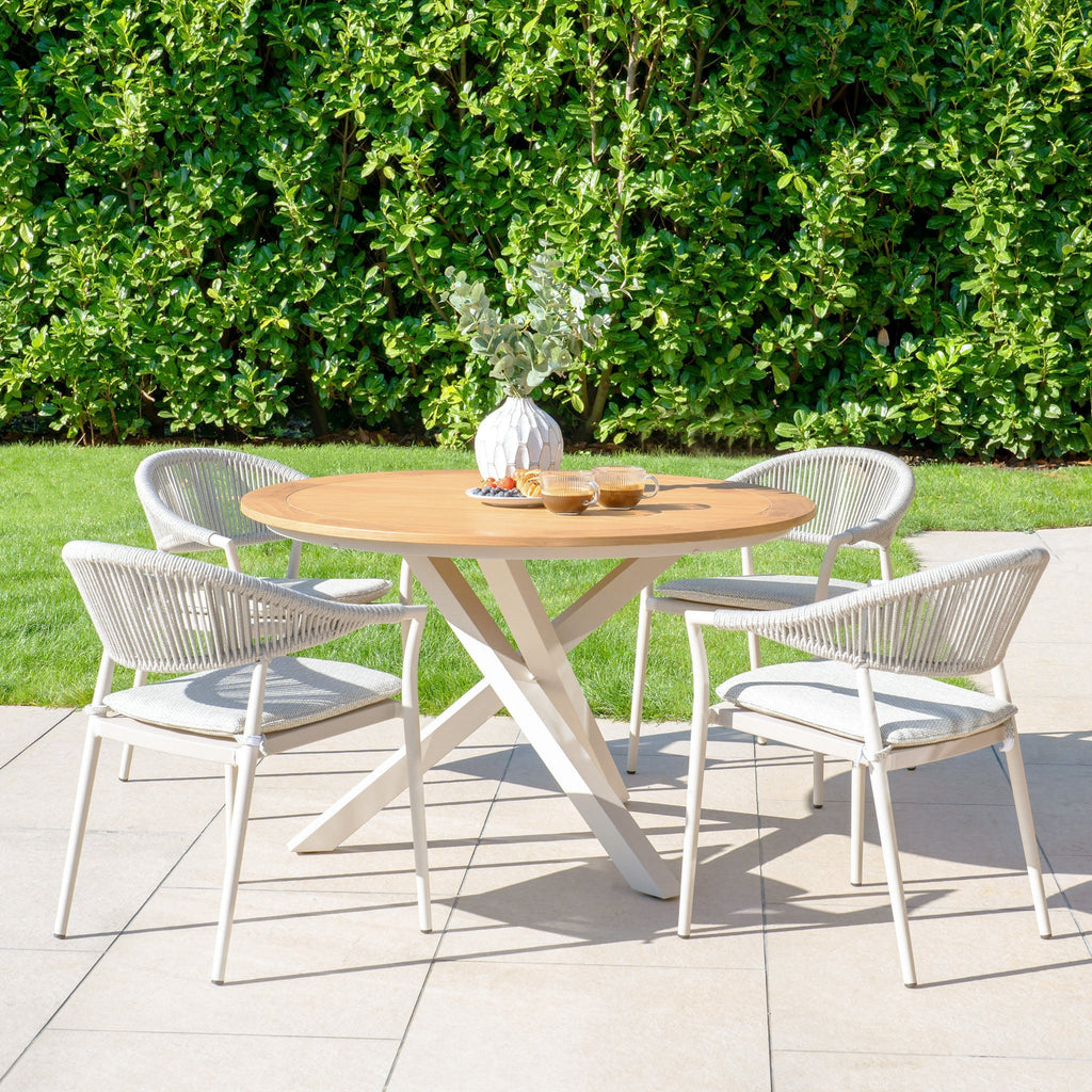 Cloverly 4 Seat Round Dining Set with Teak Table Top in Latte