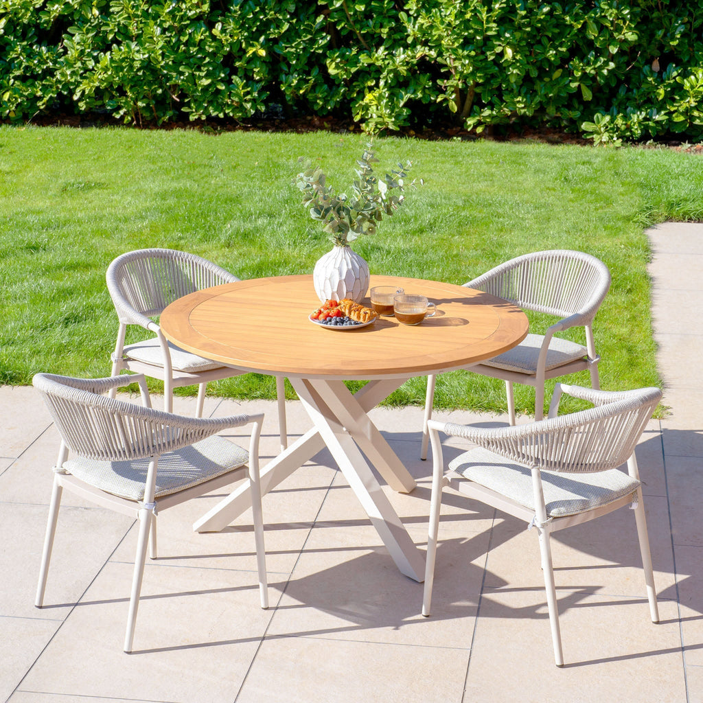 Cloverly 4 Seat Round Dining Set with Teak Table Top in Latte
