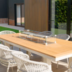 Kalama 8 Seat Rectangular Teak Firepit Dining Set in Latte