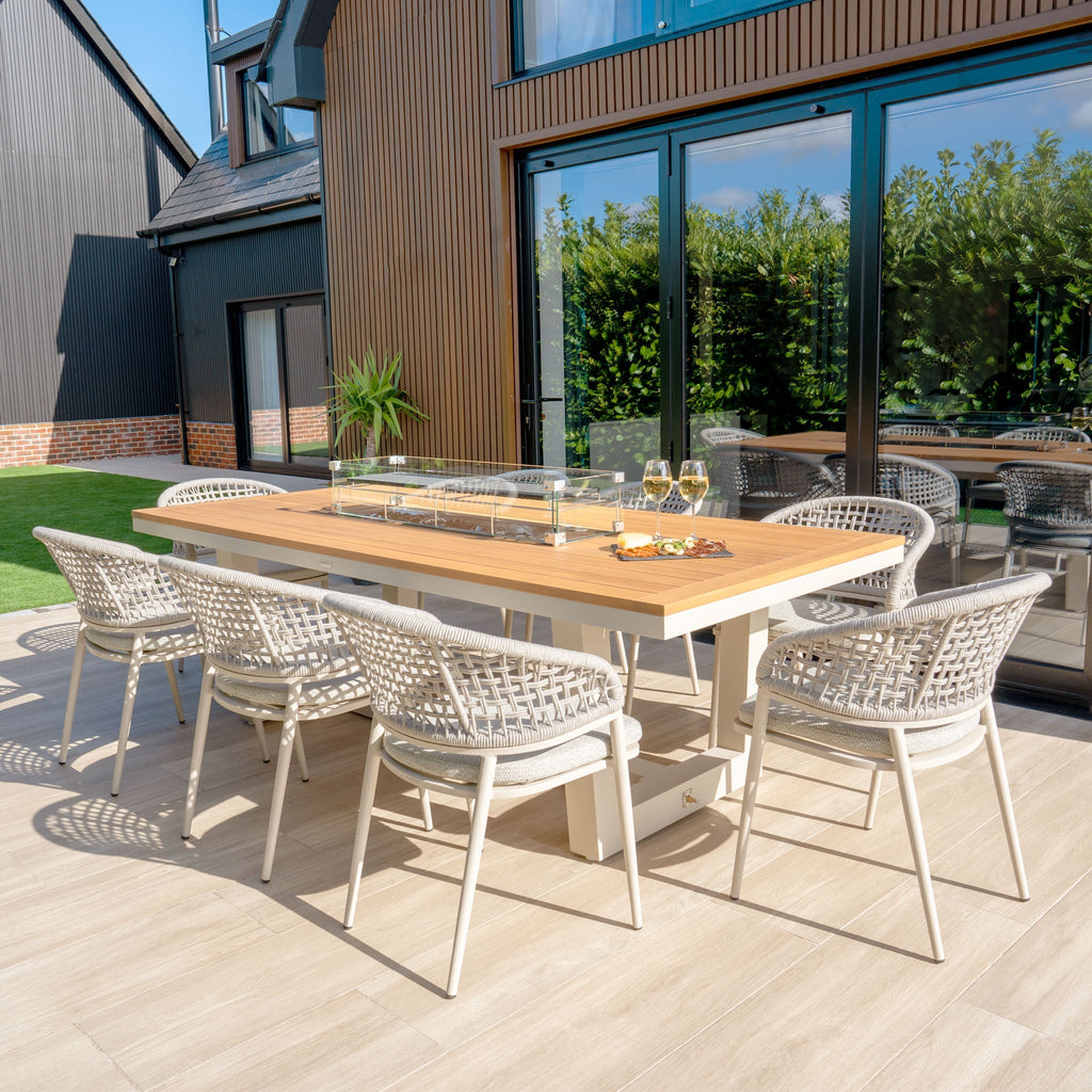 Kalama 8 Seat Rectangular Teak Firepit Dining Set in Latte
