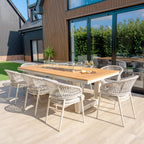 Kalama 8 Seat Rectangular Teak Firepit Dining Set in Latte