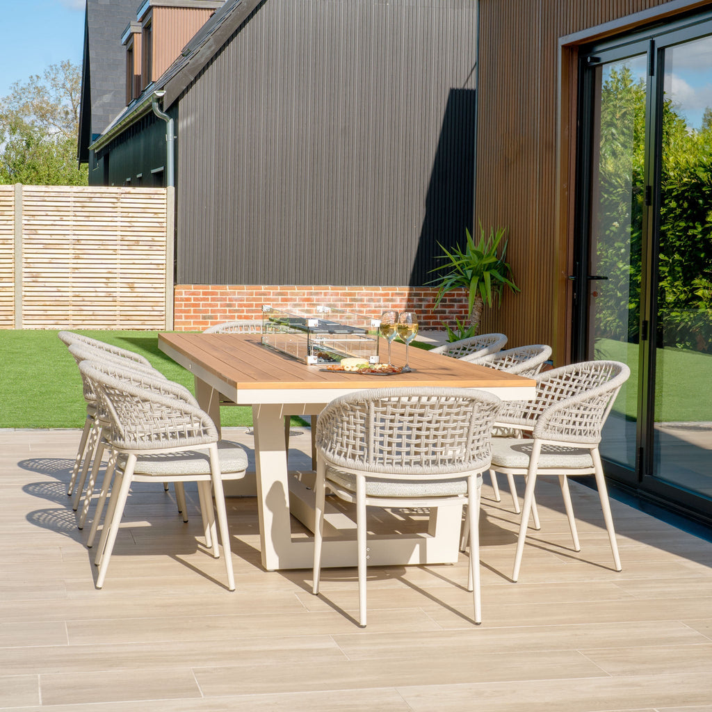 Kalama 8 Seat Rectangular Teak Firepit Dining Set in Latte