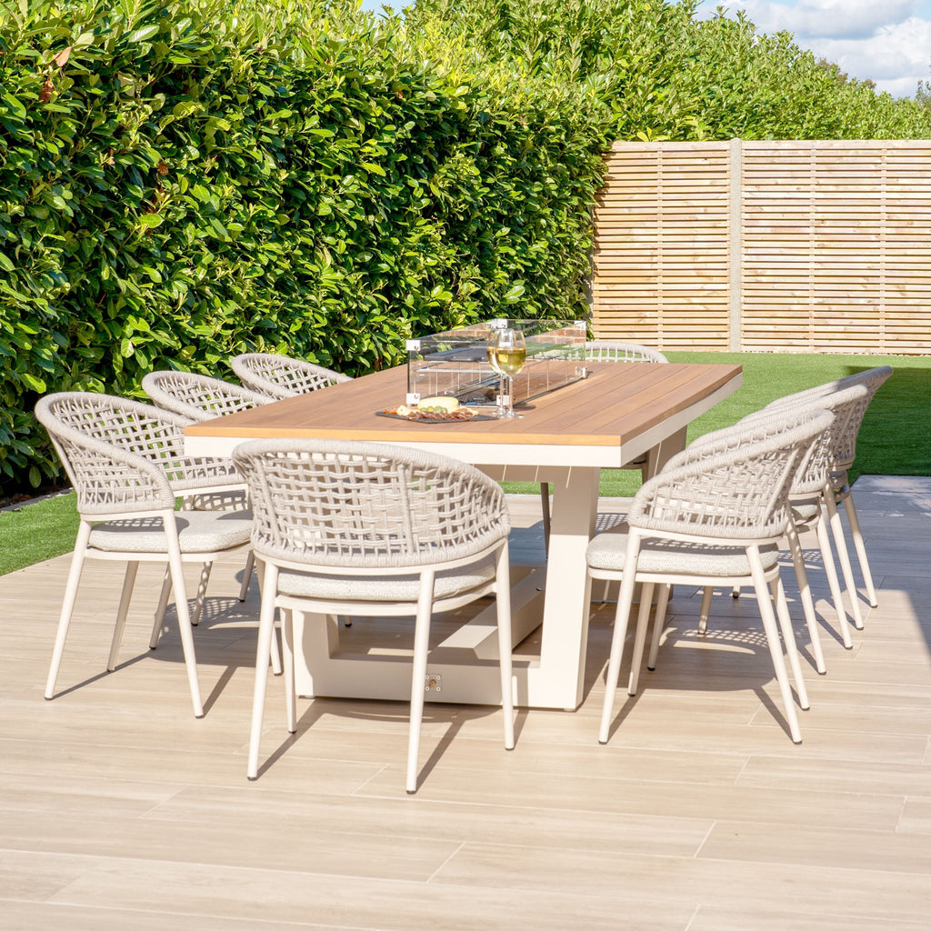 Kalama 8 Seat Rectangular Teak Firepit Dining Set in Latte