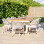 Kalama 8 Seat Rectangular Teak Firepit Dining Set in Latte