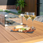 Kalama 8 Seat Rectangular Teak Firepit Dining Set in Latte