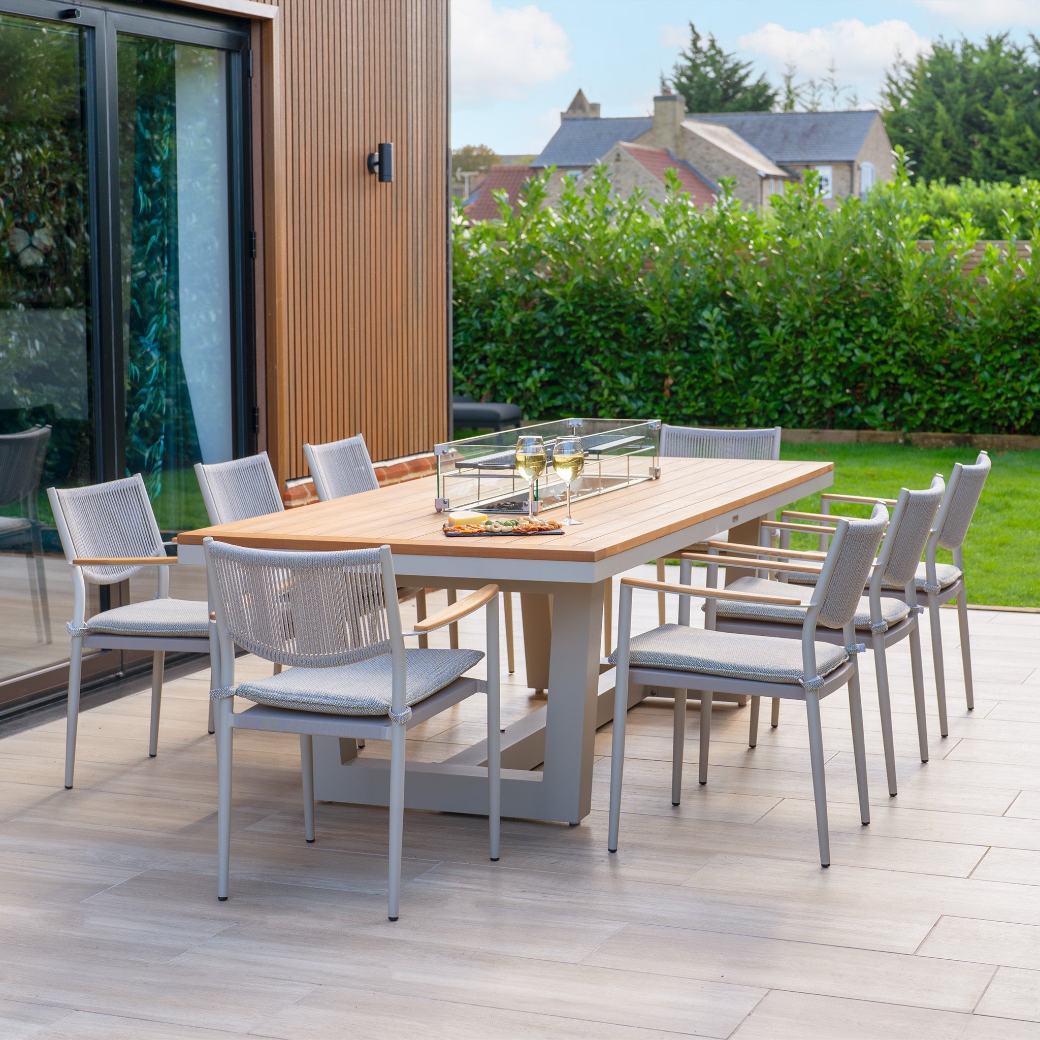 Tellaro 8 Seat Rectangular Teak Firepit Dining Set in Latte